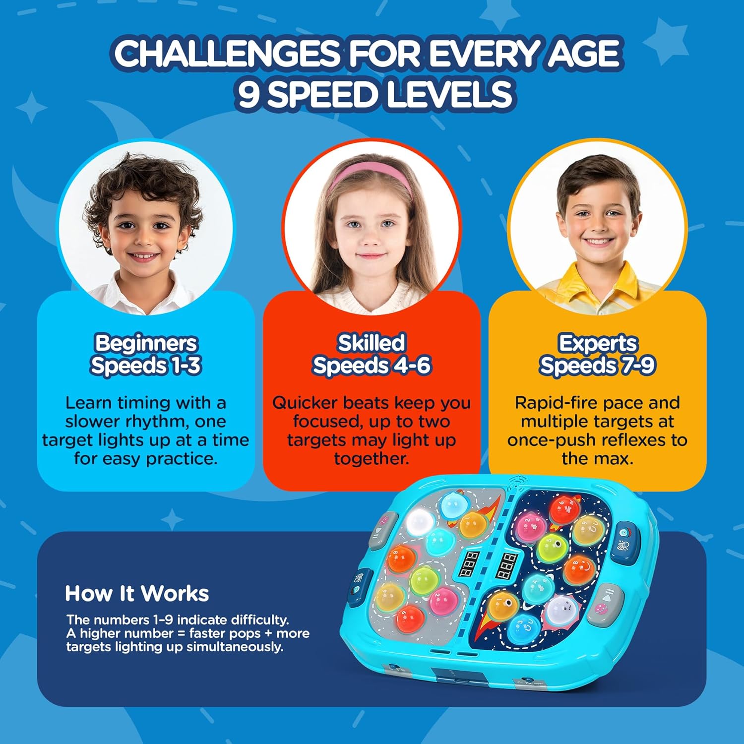 Thumbnail 2 de Guffawz Whack-a-Mole Kids Game with Lights & Sounds (Blue) – Interactive hammer game for ages 3–8