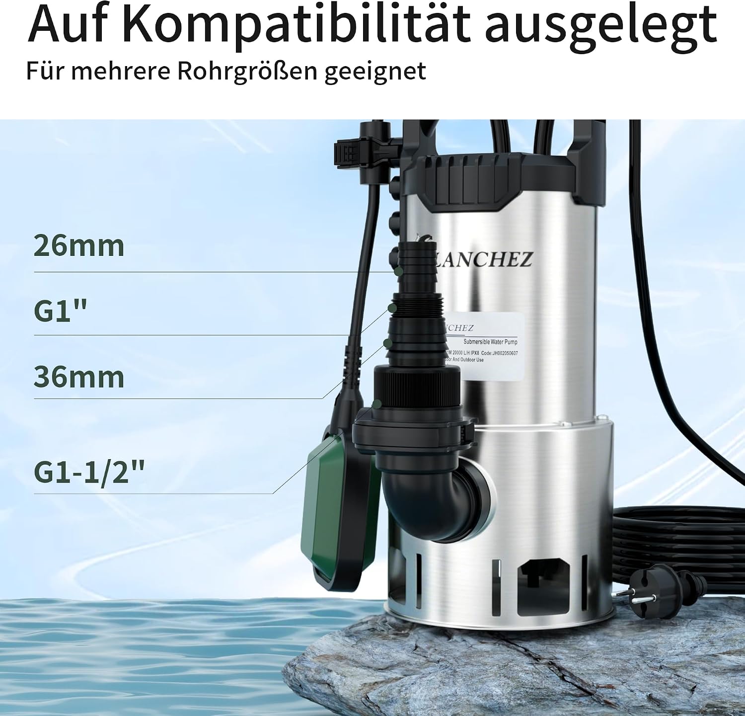 Detalle 2 de LANCHEZ Edelstahl Schmutzwassertauchpumpe 1100W – 20.000 l/h, Förderhöhe 11 m, 35 mm Durchlass