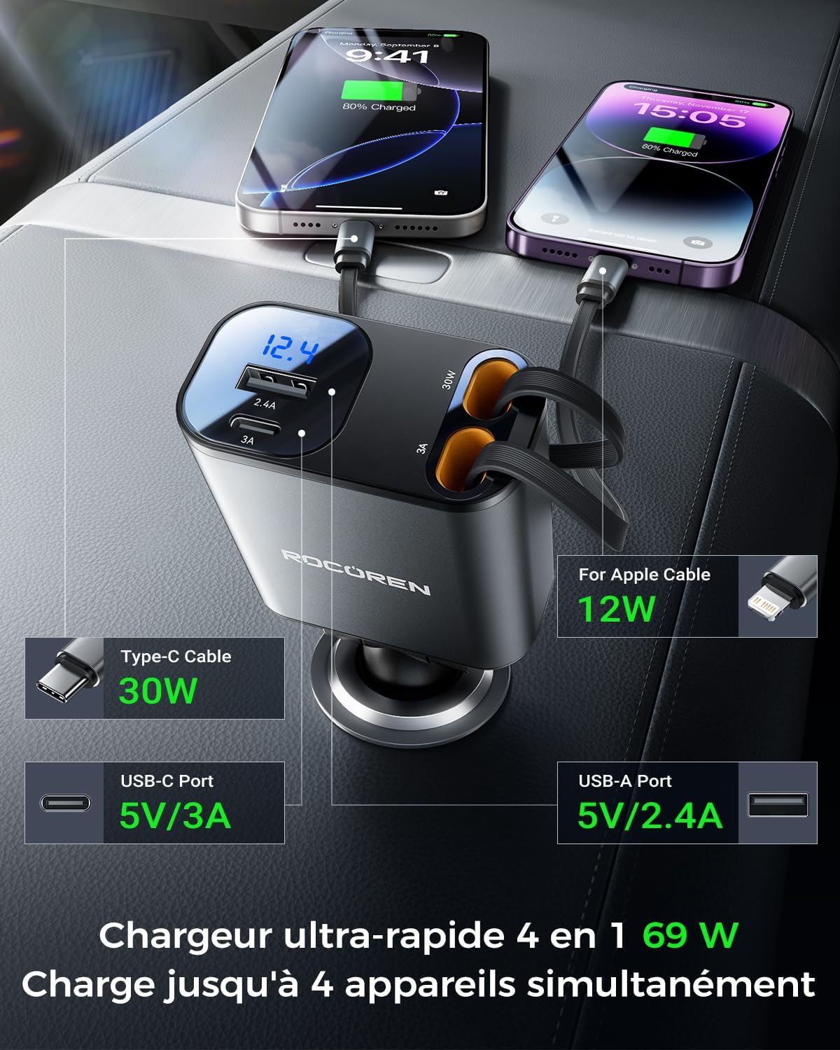Thumbnail 4 de Rocoren Chargeur 69 W rétractable pour voiture