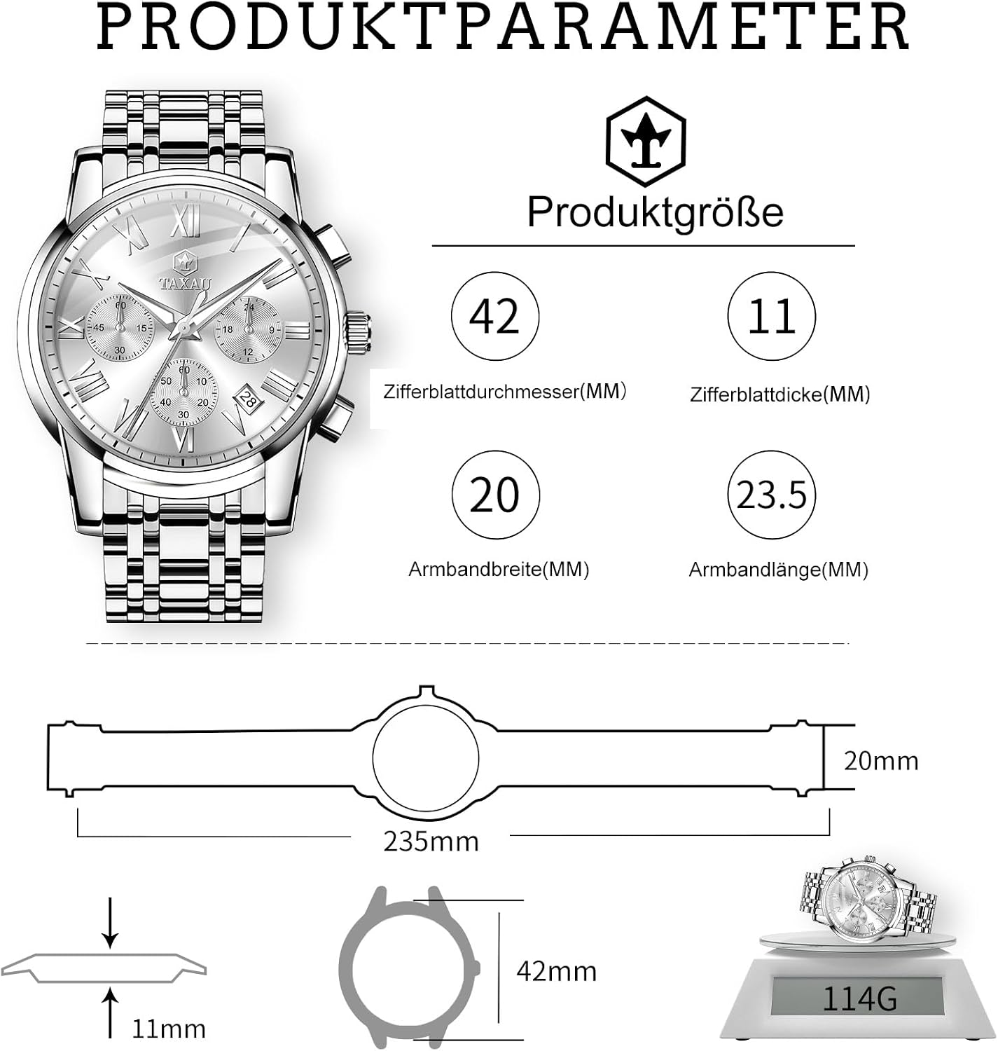 Detalle 2 de Taxau Multifunktionsuhr Herren Edelstahl Chronograph
