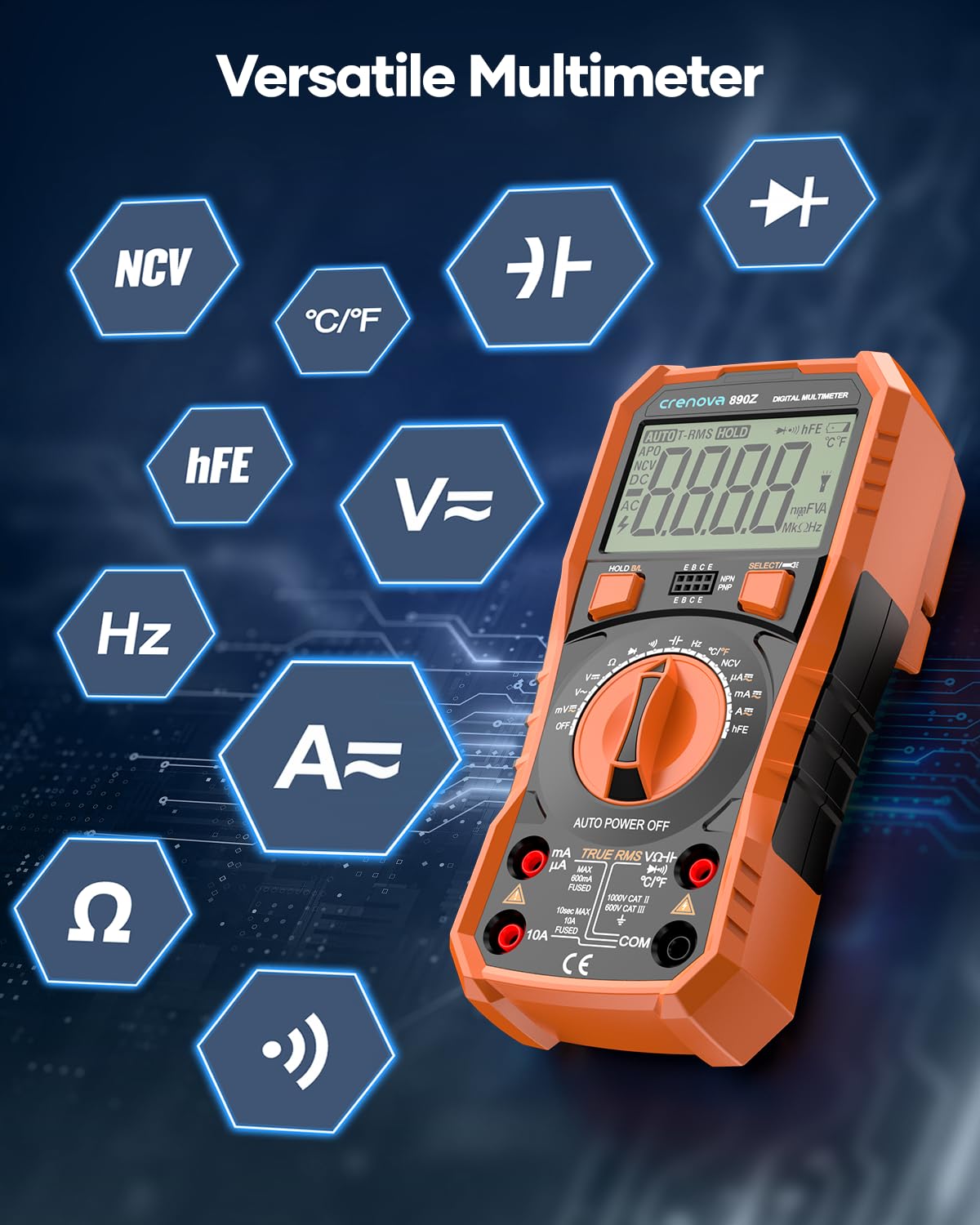Detalle 2 de Crenova Digital Multimeter 890Z (Orange) – 6000 counts TRMS auto-ranging multimeter with probes