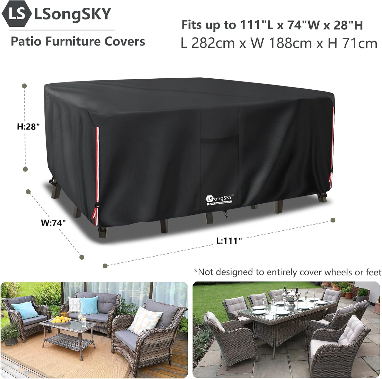 Detalle de LSongSKY Rectangular 111"L x 74"W Patio Furniture Cover, 600D Waterproof Oxford