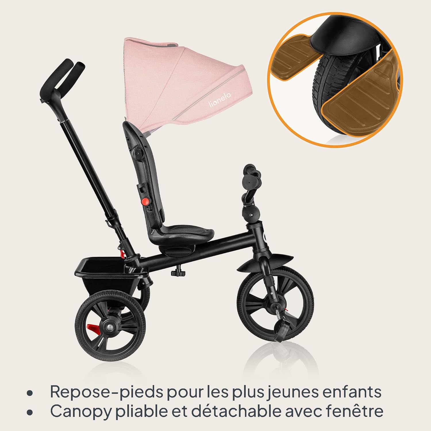 Detalle de Lionelo Haari Tricycle bébé évolutif jusqu'à 25 kg — 3 en 1 avec siège réversible et rangements pratiques