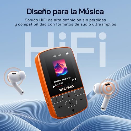 Detalle 2 de WOLFANG Reproductor MP3 con Bluetooth 5.2, Clip Deportivo y Auriculares (Naranja)