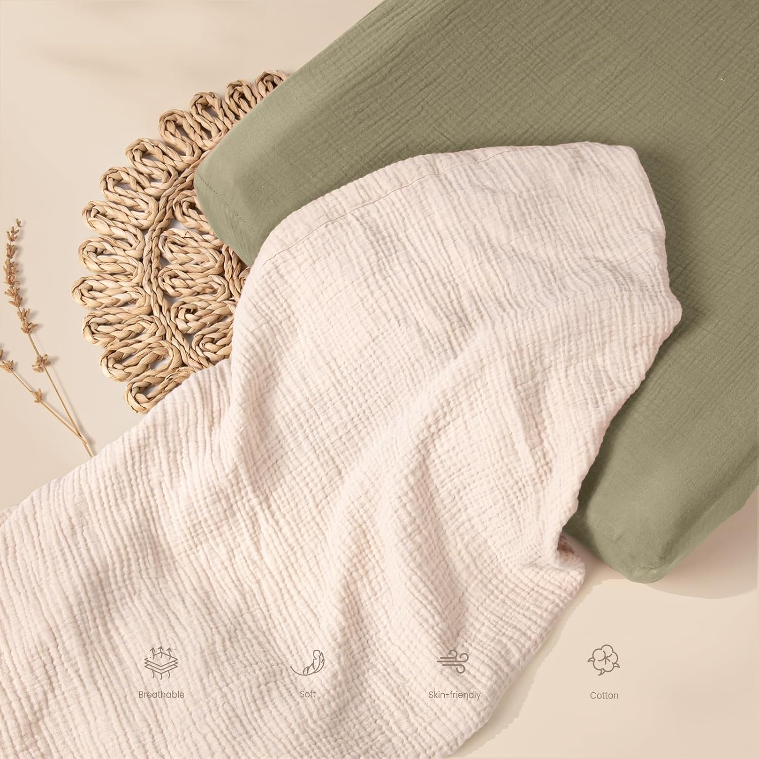 Thumbnail 6 de lulumoon NS-CPC-2-005 Muslin Changing Pad Covers, 100% Cotton, Olive & Cream