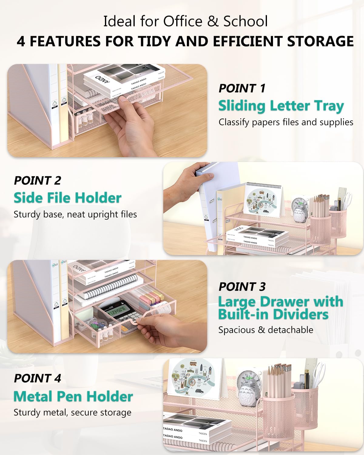 Detalle 2 de WALI DO005DH-P 4-Tier Desktop File Organizer with Drawer and Pen Holders, Pink