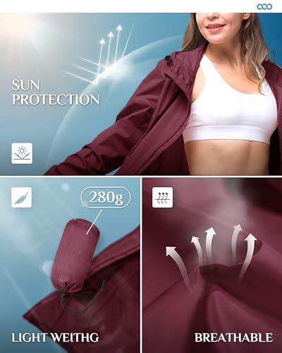 Detalle 2 de 33,000ft Women's Rain Jacket Lightweight Hooded Long Rain Coat - Waterproof & Breathable Packable Windbreaker (Wine Red, 3XL/20-22)