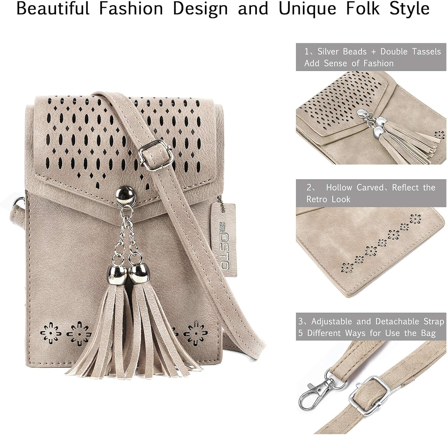 Detalle de seOSTO crossbody phone bag purse for women & teenage girls — small phone wallet crossbody with tassels