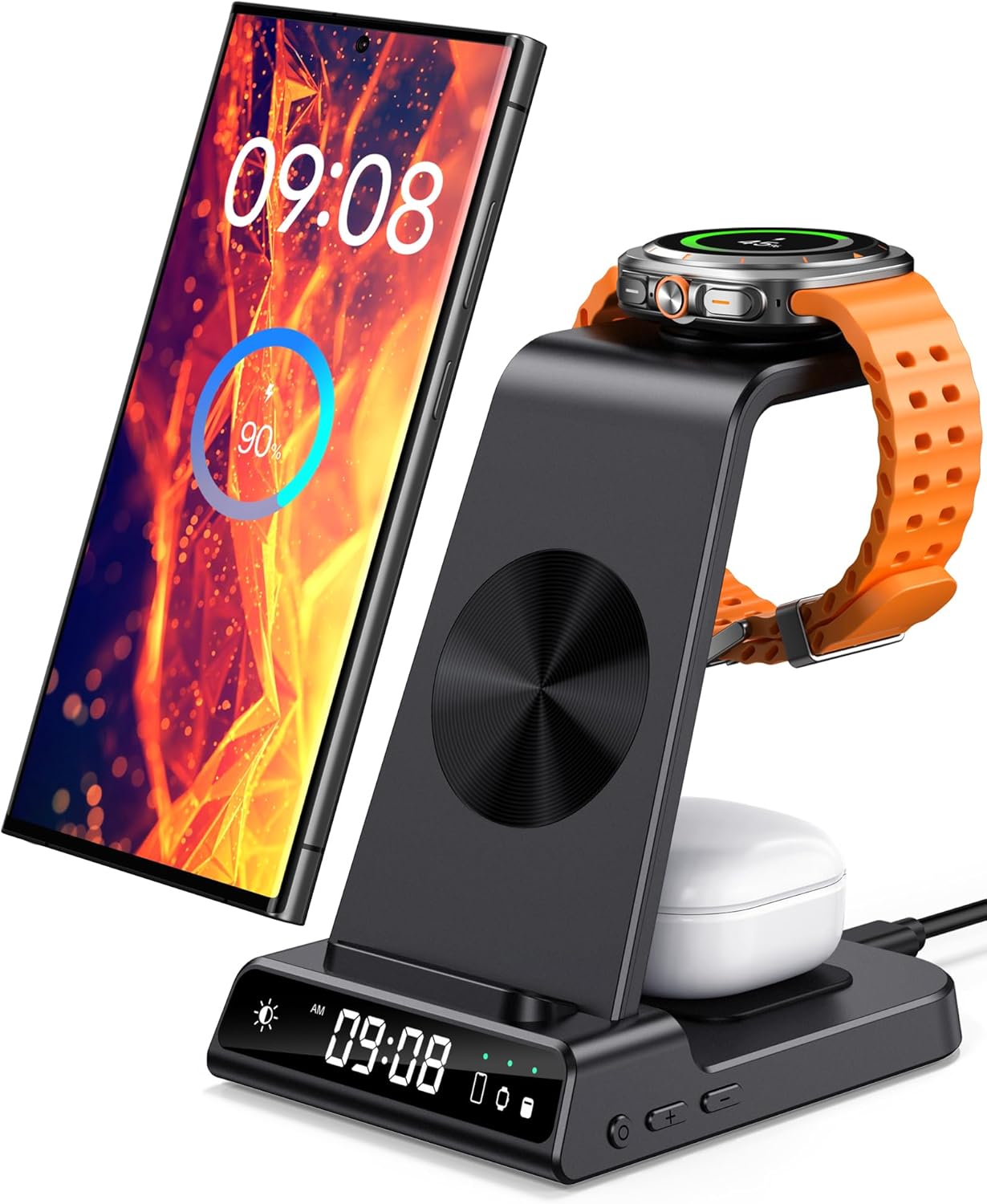 Detalle de Station de charge sans fil 3-en-1 pour Samsung (S25/S24/S23, Z Fold/Z Flip), chargeur induction Galaxy Watch et Galaxy Buds — avec horloge numérique