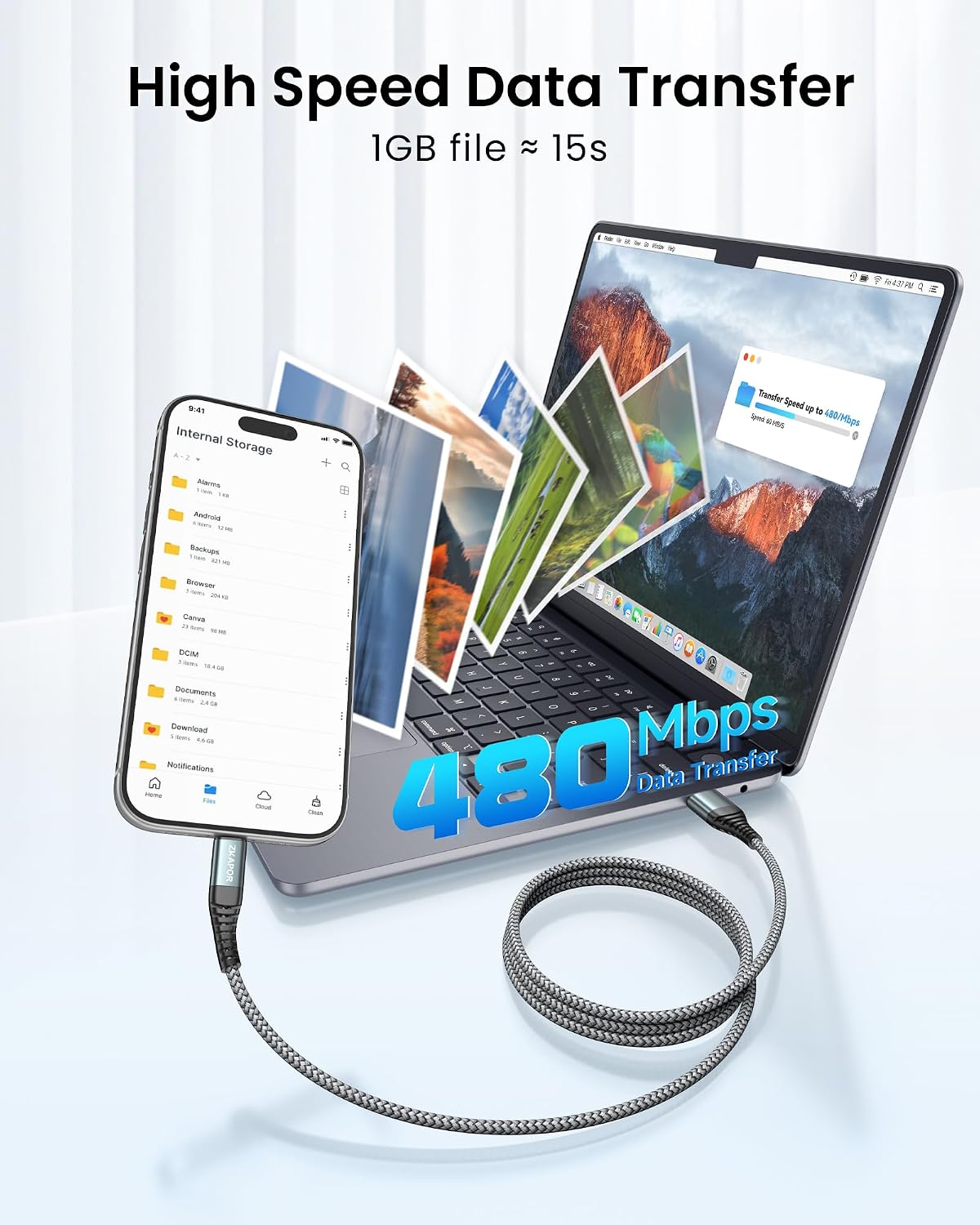 Detalle de ZKAPOR Extra Lang USB‑C Kabel 5 m (Nylon) mit Schnellladung bis 3 A & 480 Mbit/s