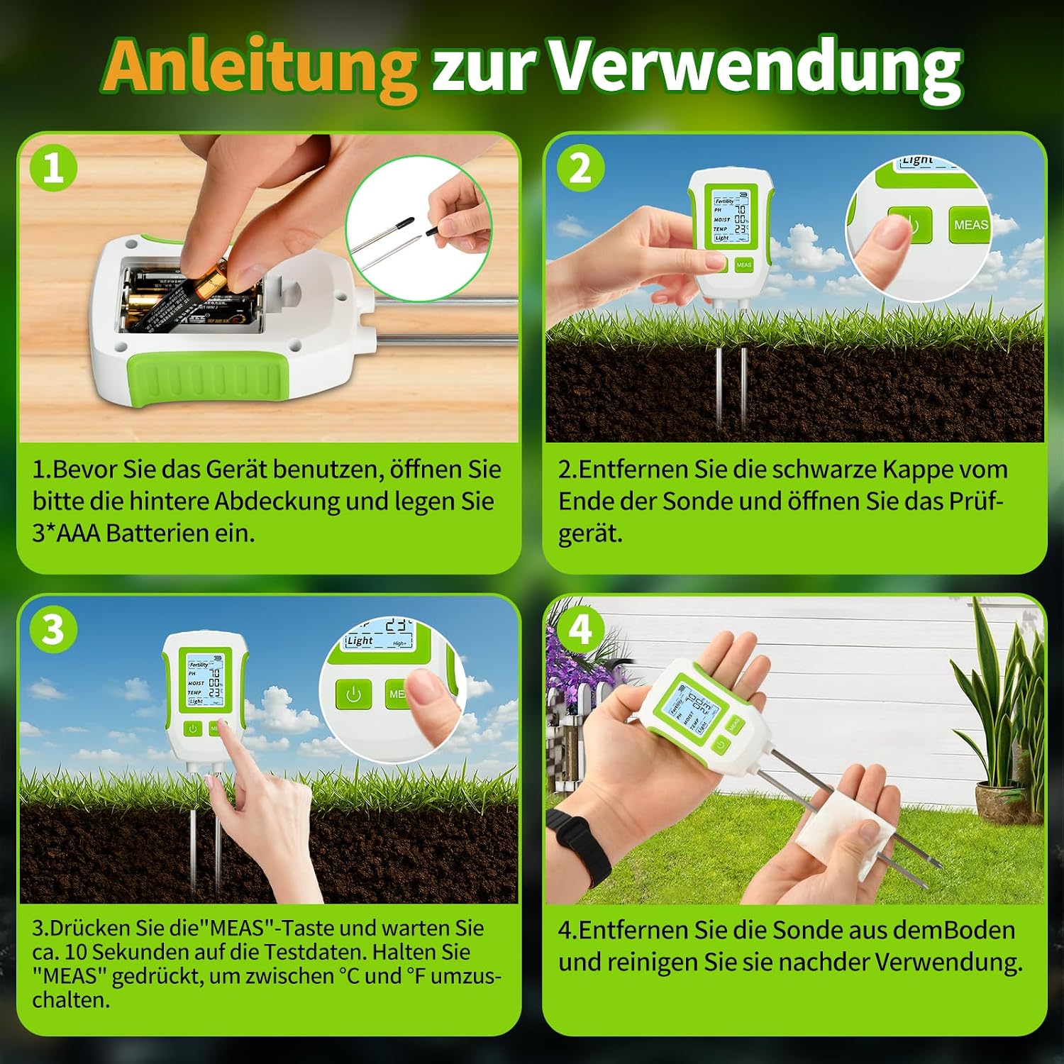 Thumbnail 4 de Heemol Soil Tester 5-in-1 bodemtester voor pH, vocht, temperatuur en licht