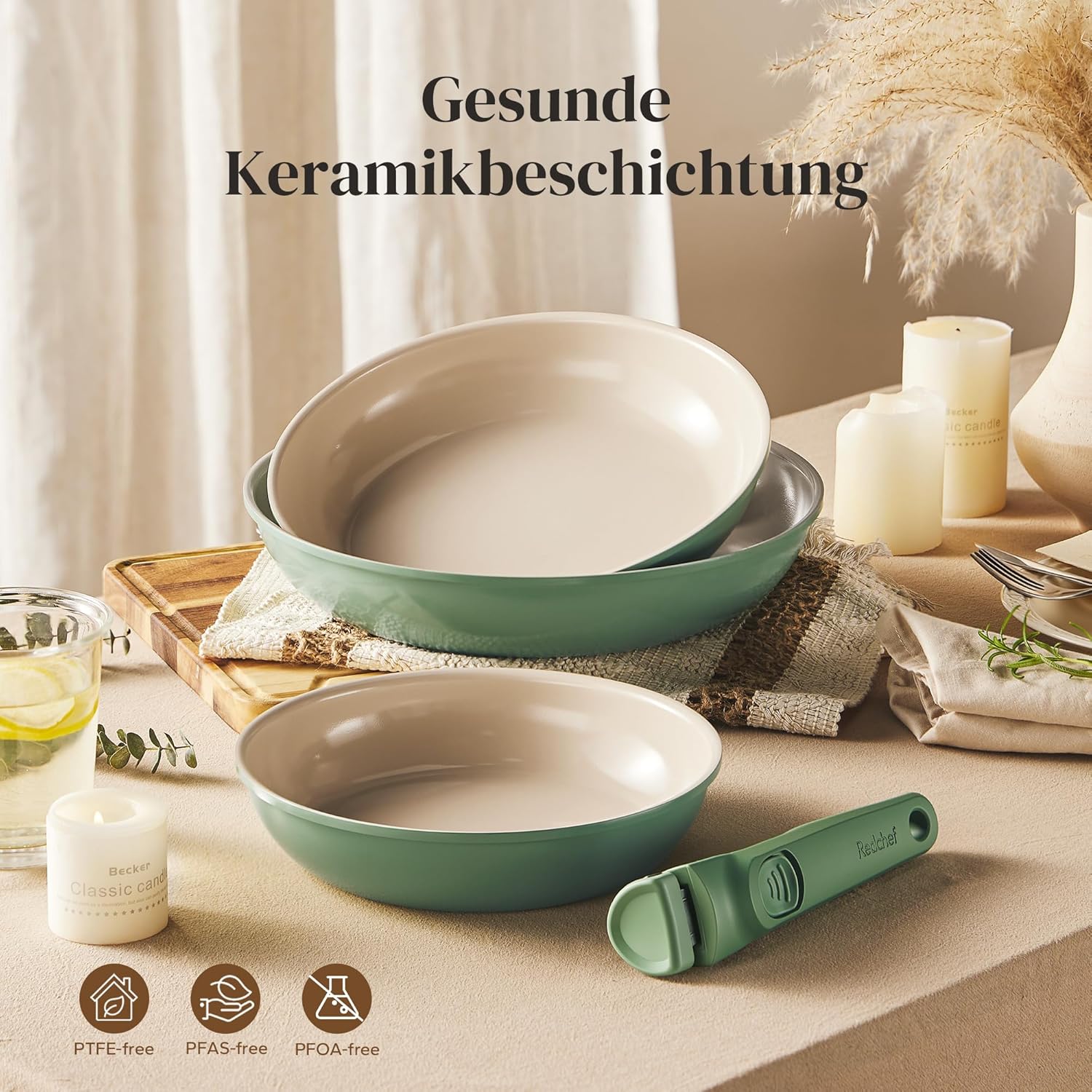 Thumbnail 5 de Redchef Pfannenset mit abnehmbarem Griff (20/24/28 cm) – 6-teilig, für Induktion, Keramik-Antihaft