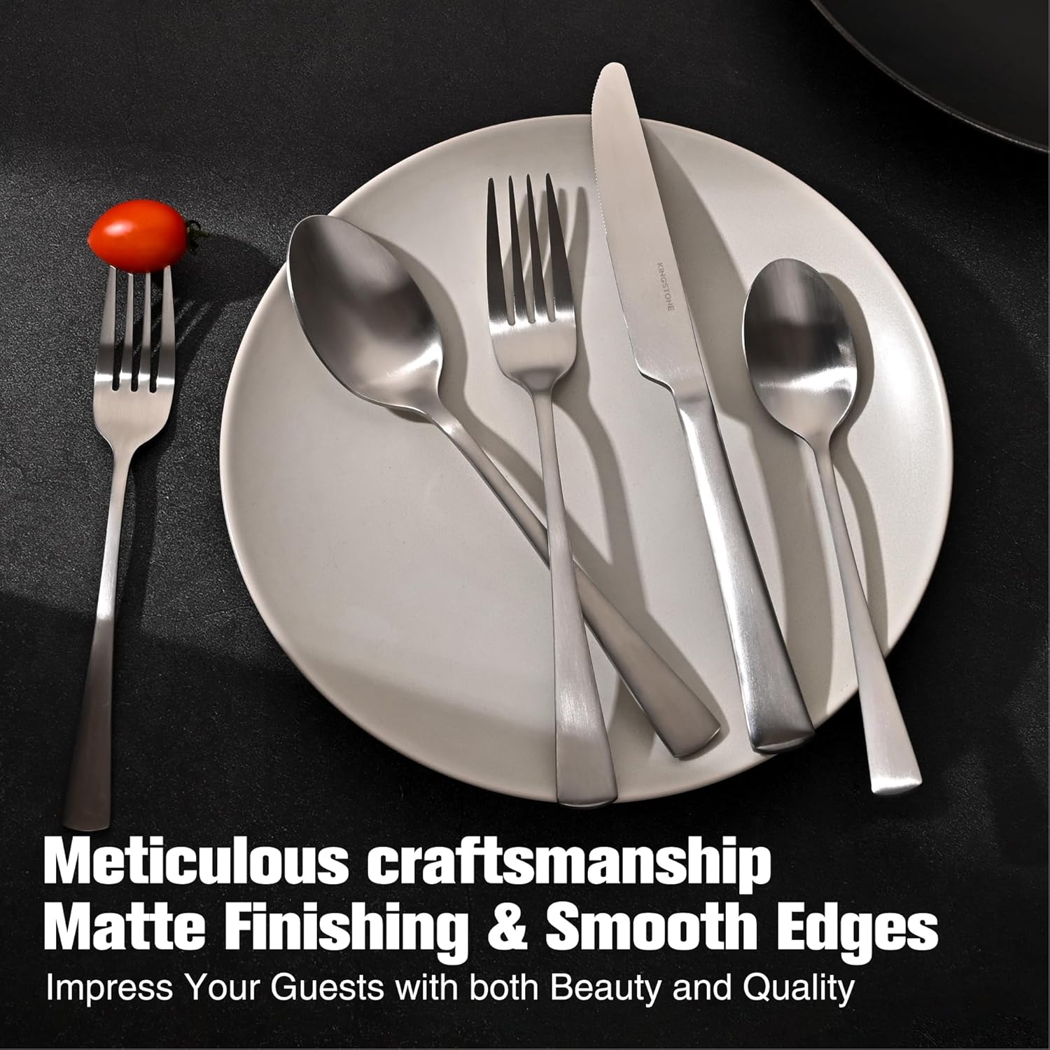 Detalle 2 de KINGSTONE 18/10 Stainless Steel Silverware Set for 8 (40-Piece) — Matte Satin Flatware, Dishwasher Safe