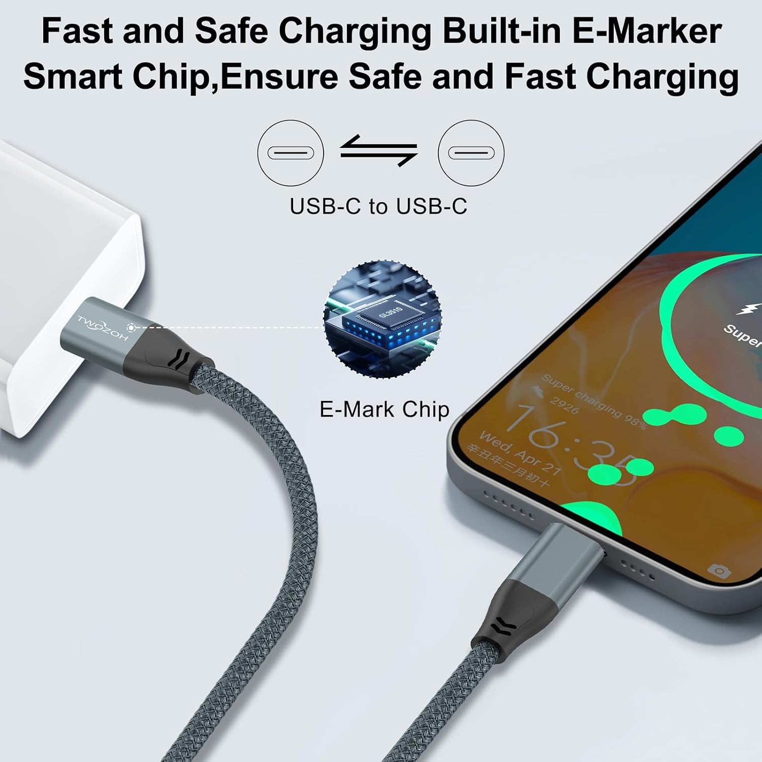 Detalle 2 de Twozoh USB C to USB C 3.2 Gen 2 Cable (4.5m, Grey) – 20Gbps, 100W PD, 4K Output (2-Pack)