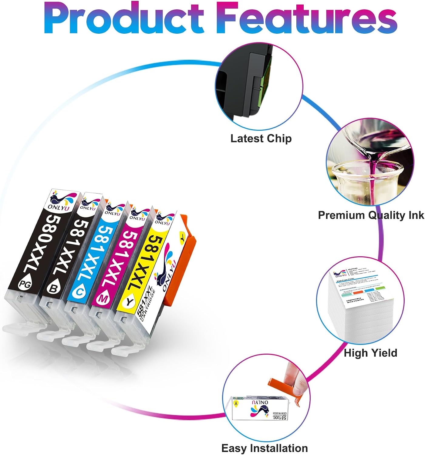 Thumbnail 3 de ONLYU PGI-580XXL & CLI-581XXL compatible ink cartridges (5 pack) for Canon PIXMA TS/TSe/TX series