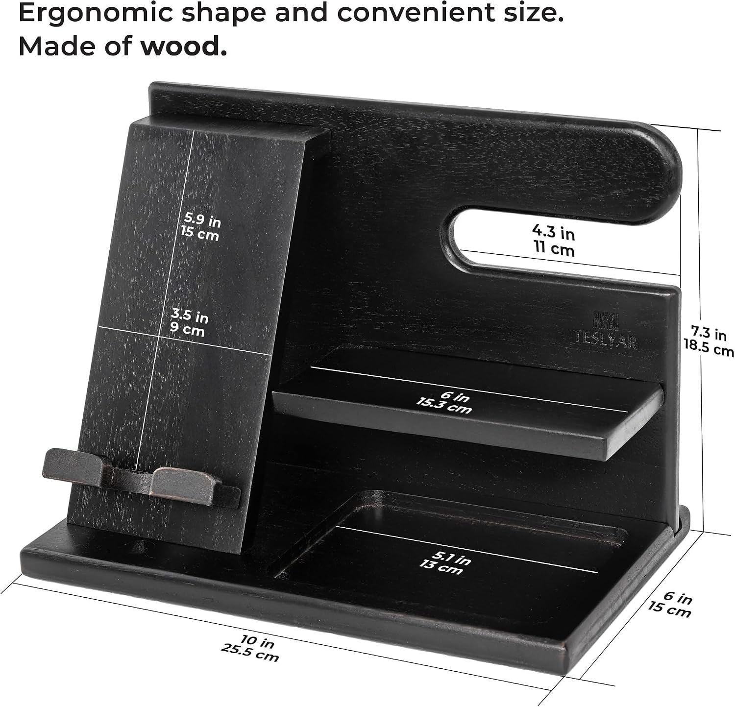 Thumbnail 6 de TESLYAR Wood Phone Docking Station – Nightstand & Desk Organizer (Black)