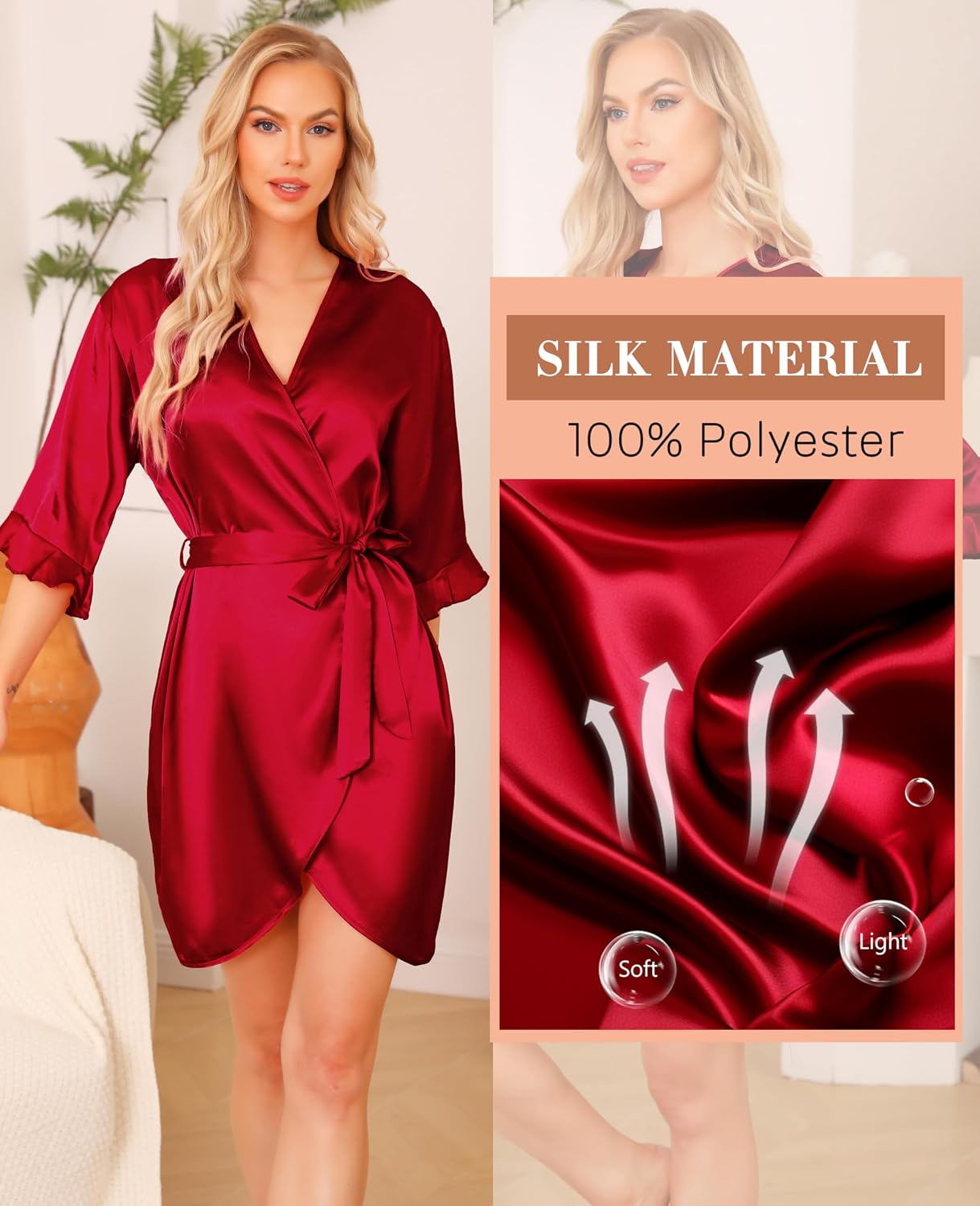 Detalle de Wikoan Peignoir Satin Femme Robe courte 100% polyester