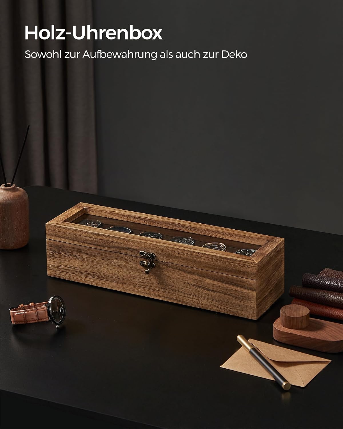 Thumbnail 6 de SONGMICS Uhrenbox JOW006K01 – Massivholz Uhrenkasten mit Glasdeckel, 6 Fächer, Walnuss