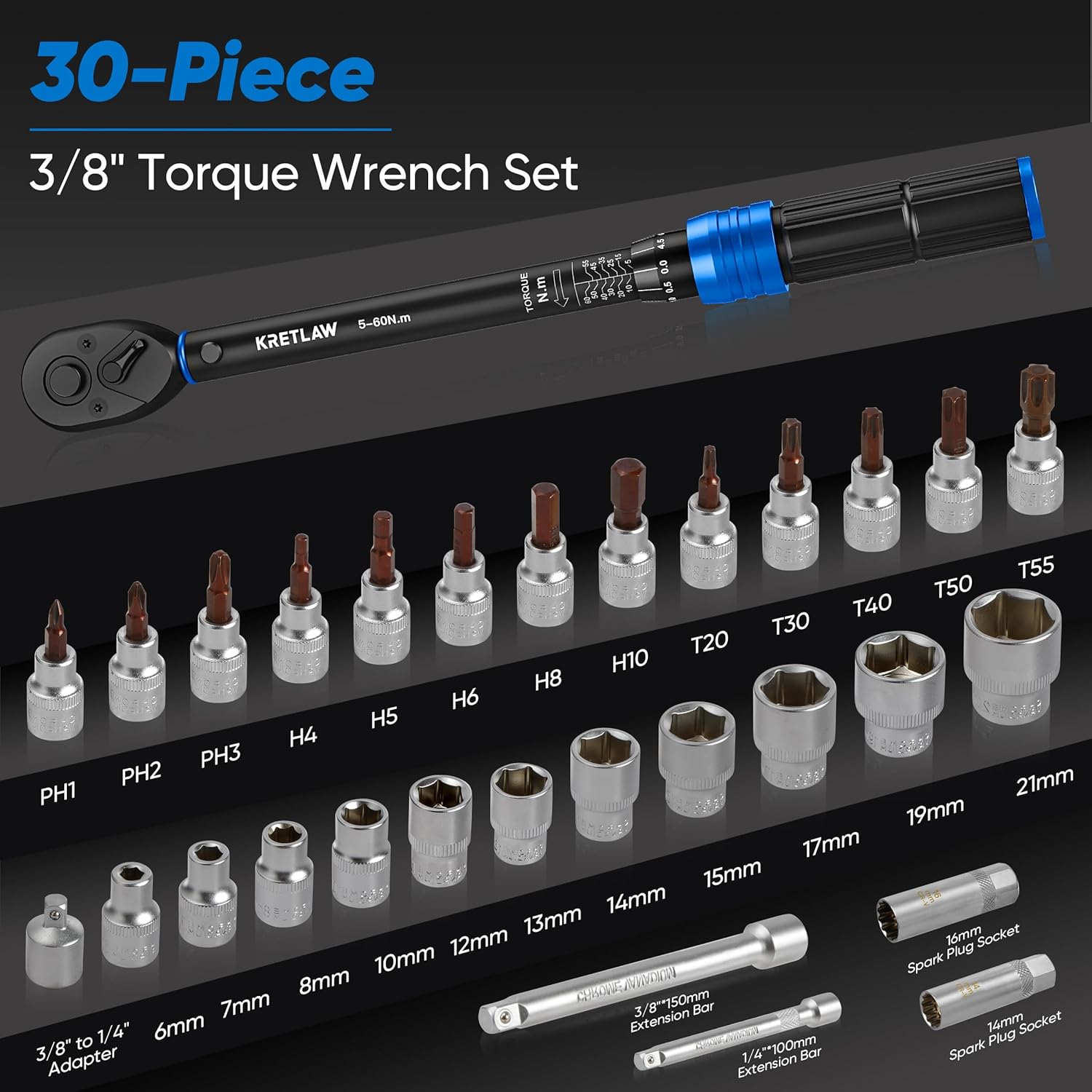 Thumbnail 1 de KRETLAW 3/8" Torque Wrench Set 30PCs