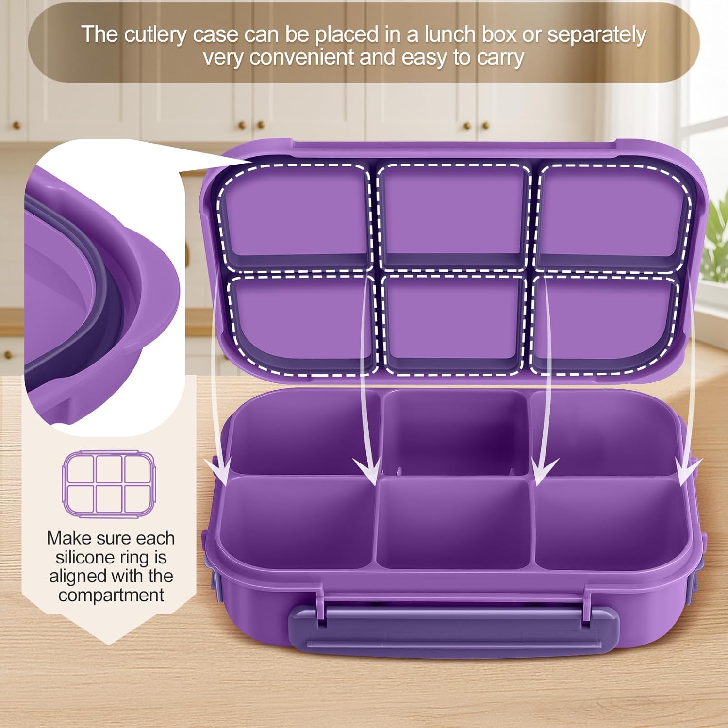 Thumbnail 5 de Amathley Bento-Box 16-in-1: 1200 ml Lunchbox Set für Kinder und Erwachsene (Lila, 6 Fächer, 10 Obstgabeln, 4 Muffinförmchen)