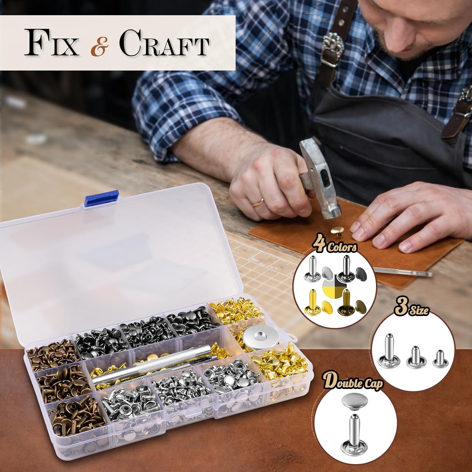 Detalle de JETMORE 1 Leather Rivet Kit, 240 Sets in 4 Colors and 3 Sizes