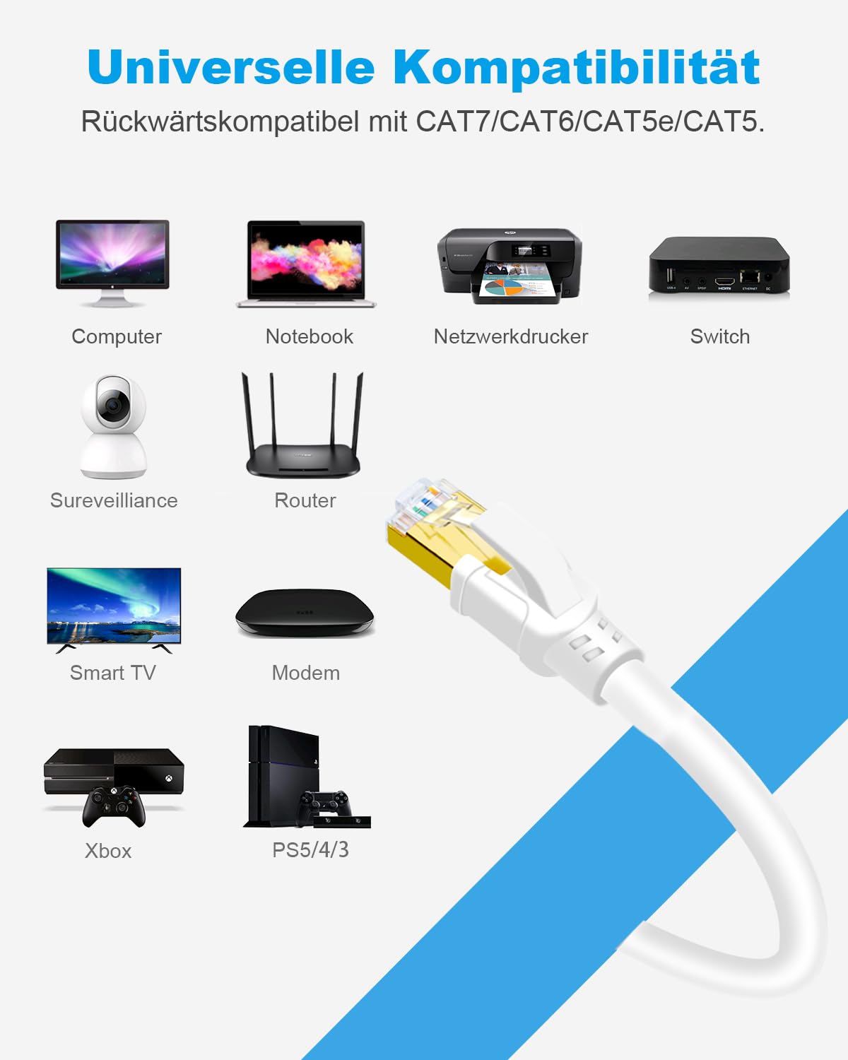 Thumbnail 6 de DDMALL CAT8 LAN-Kabel (8 m), F/FTP Ethernet mit vergoldetem RJ45 für Router, Modem & Gaming