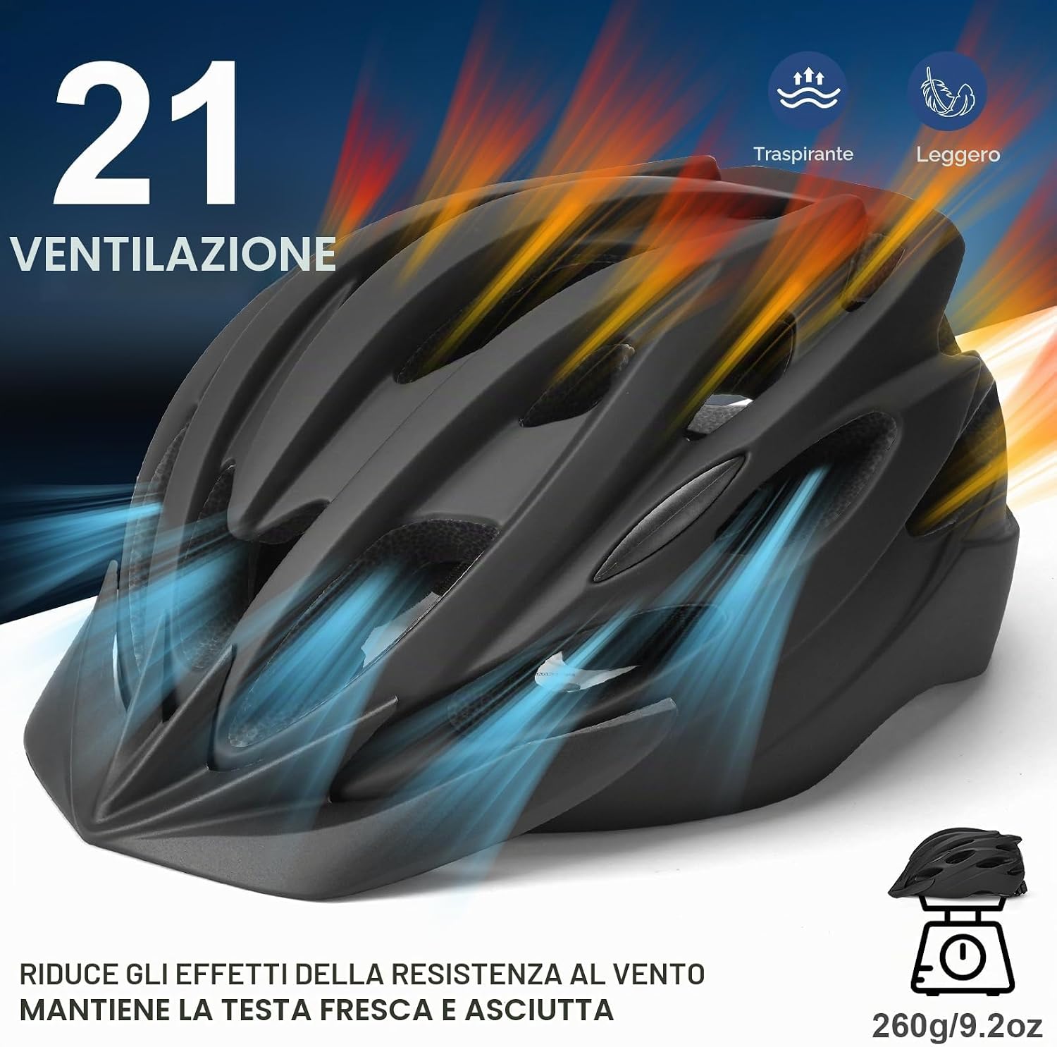 Detalle 2 de Casco da bici da uomo e donna con luce LED, traspirante e visiera removibile – taglia 54–62 cm
