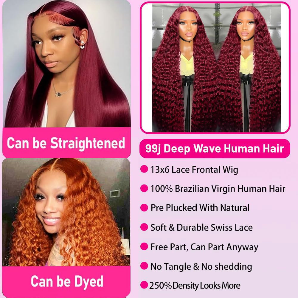 Thumbnail 3 de VAIDSOUE 250 Density Burgundy Deep Wave Lace Front Wig (30 Inch) — 13x6 HD Transparent Lace, Pre Plucked