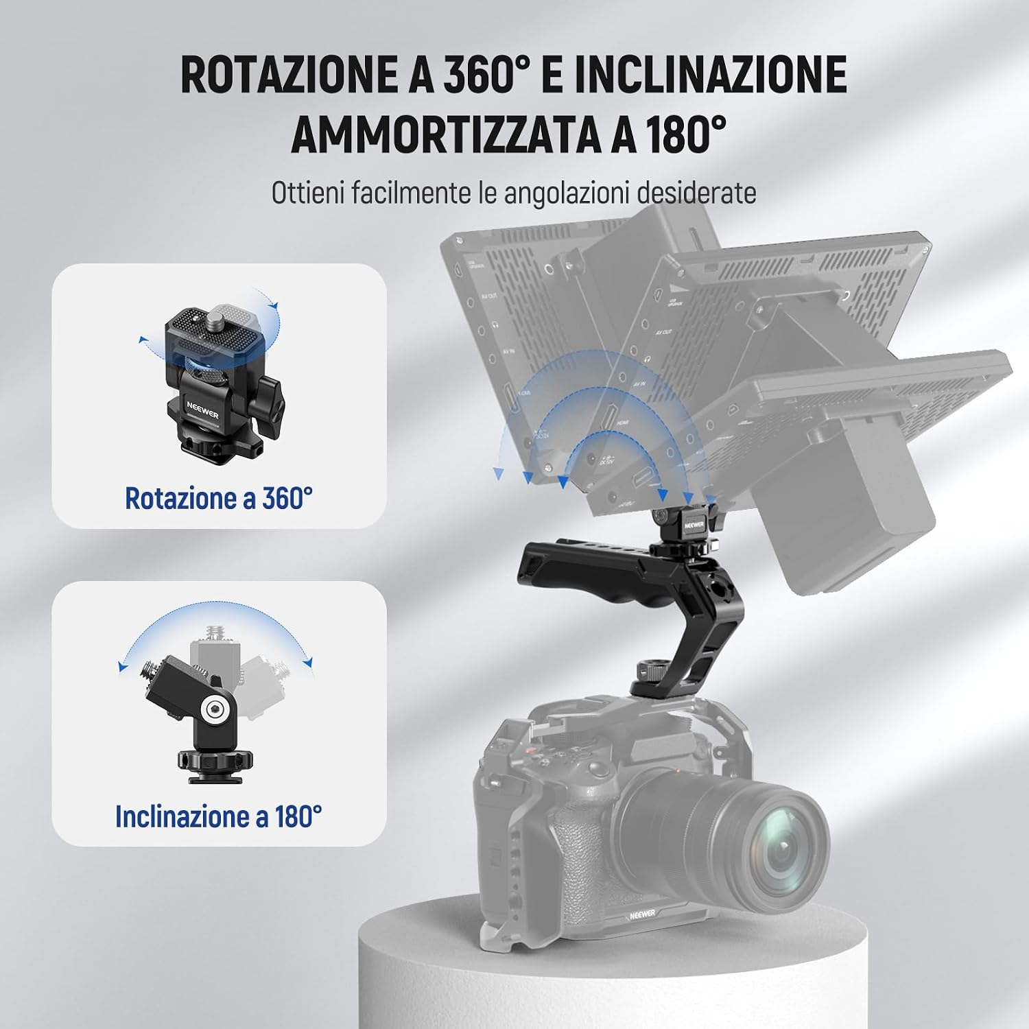 Detalle de NEEWER Set Top Handle CA007 + Supporto Monitor MA006 inclinabile fino a 180° per monitor 5"/7" (compatibile Atomos Ninja V)