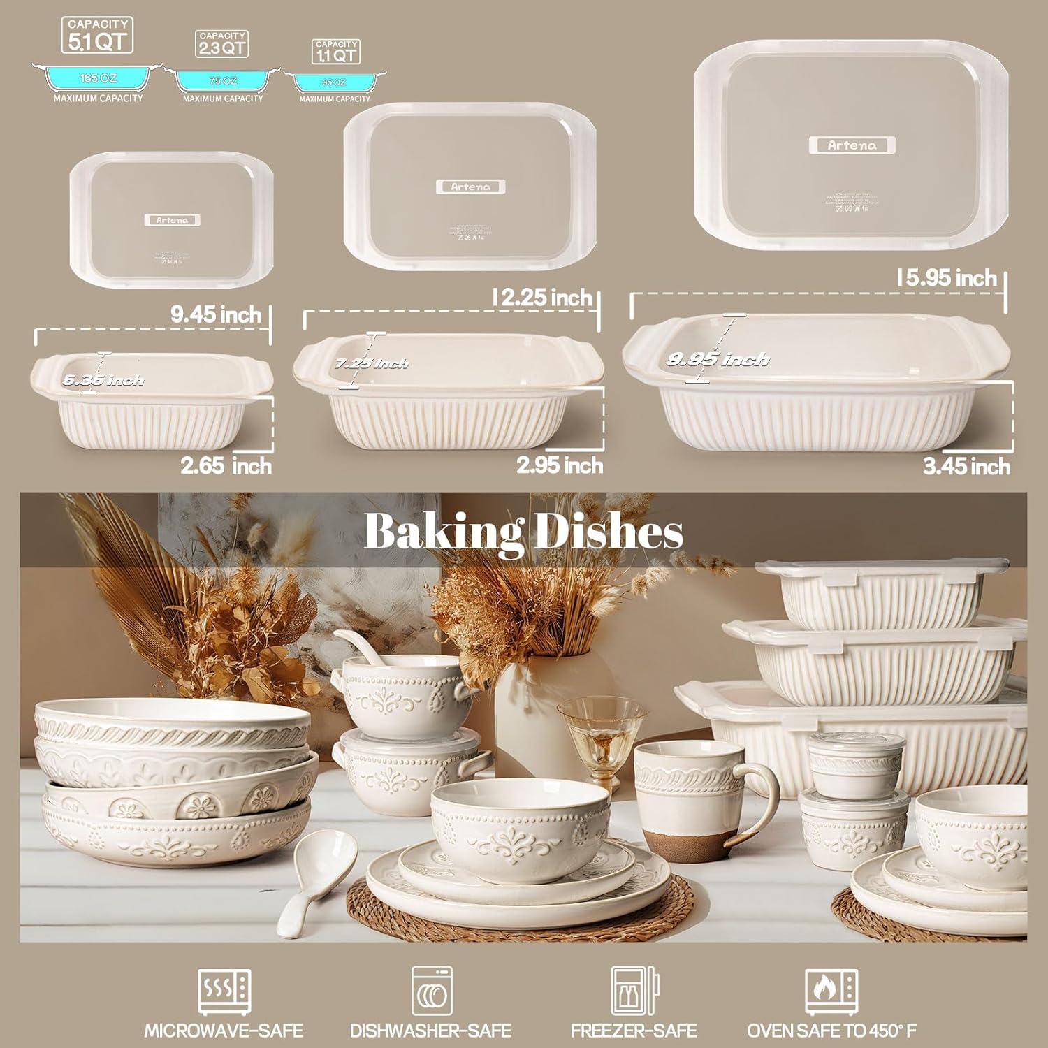 Thumbnail 6 de Artena ceramic casserole dishes set (3-piece) with lids for oven baking, lasagna pan with handles, white