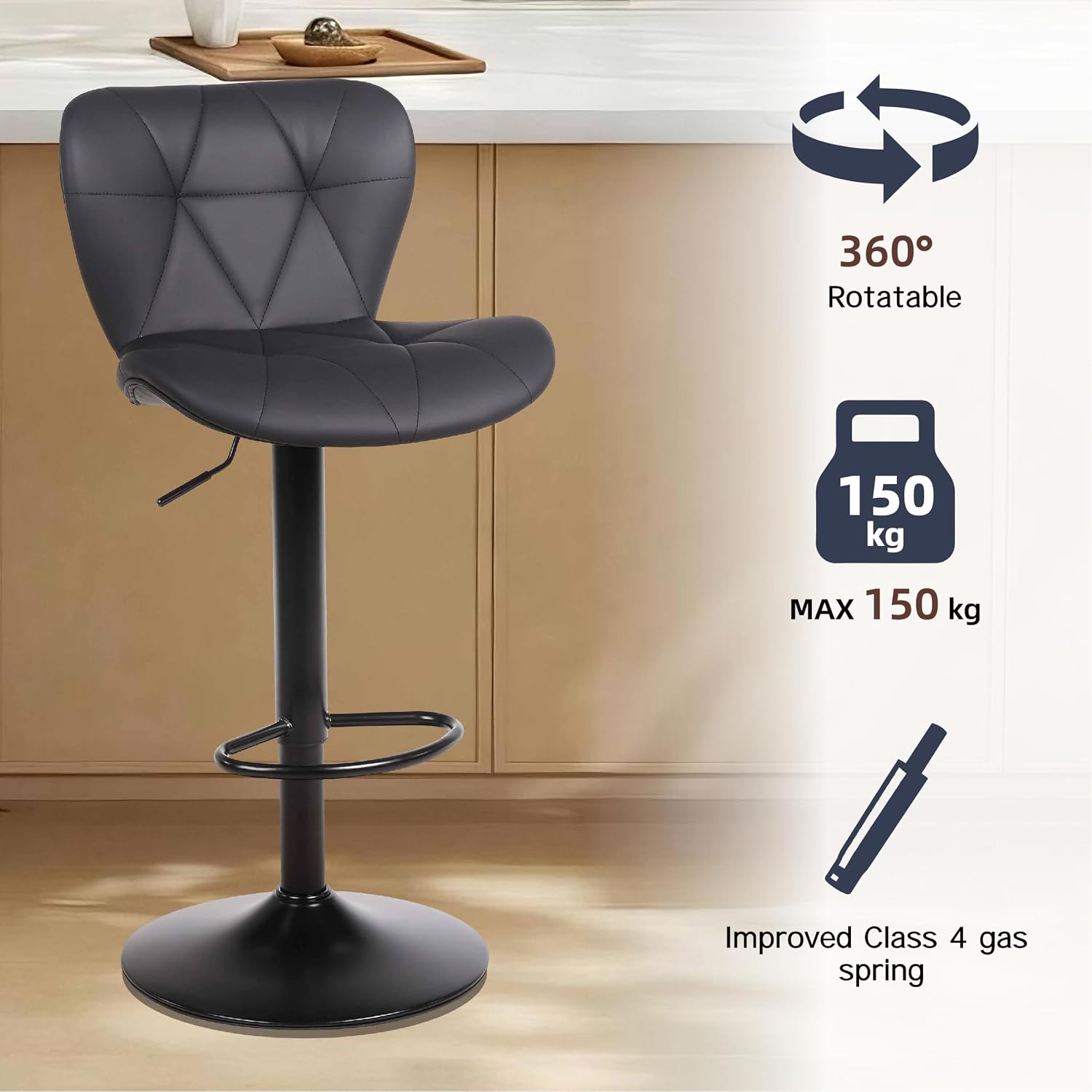 Detalle 2 de Flysky FS-6041BBK Height-Adjustable Swivel Bar Stool, Black Faux Leather