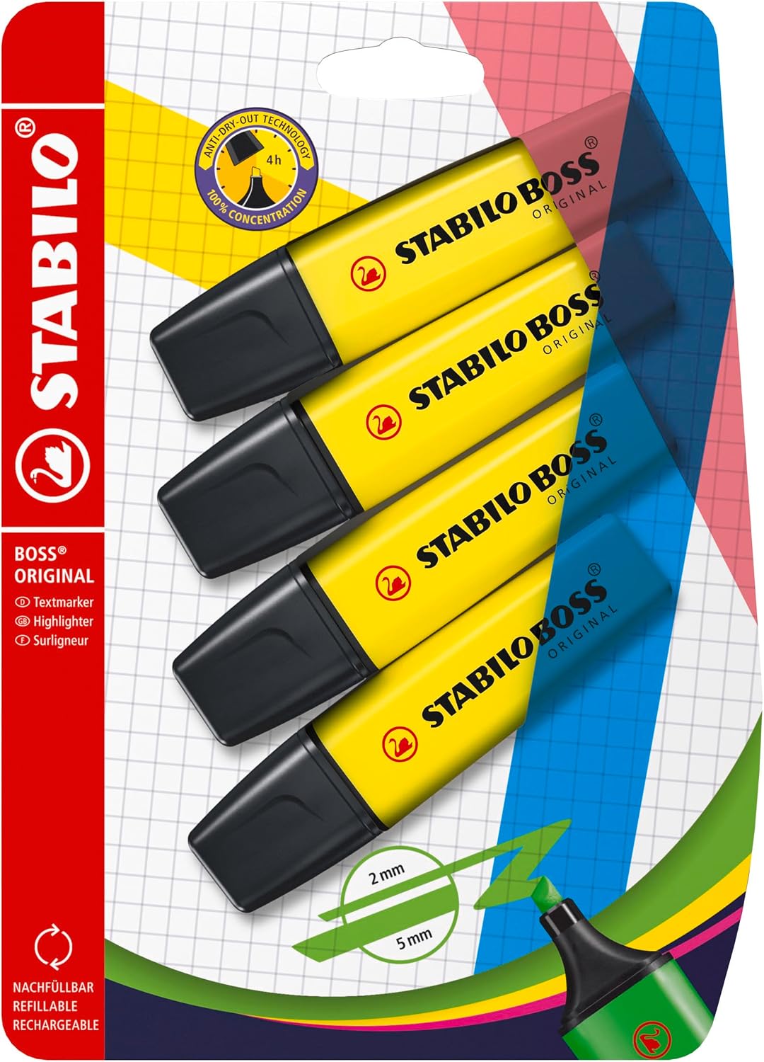 STABILO BOSS ORIGINAL Evidenziatore – Pack da 4 (Giallo) – Iconico, versatile e affidabile