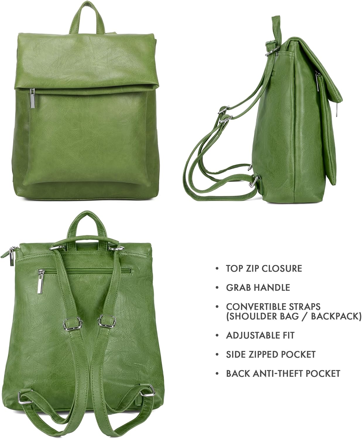 Thumbnail 3 de Woodland Leathers Women's Fashion Small Backpack (Green Roll Top) with Anti-Theft Zipper