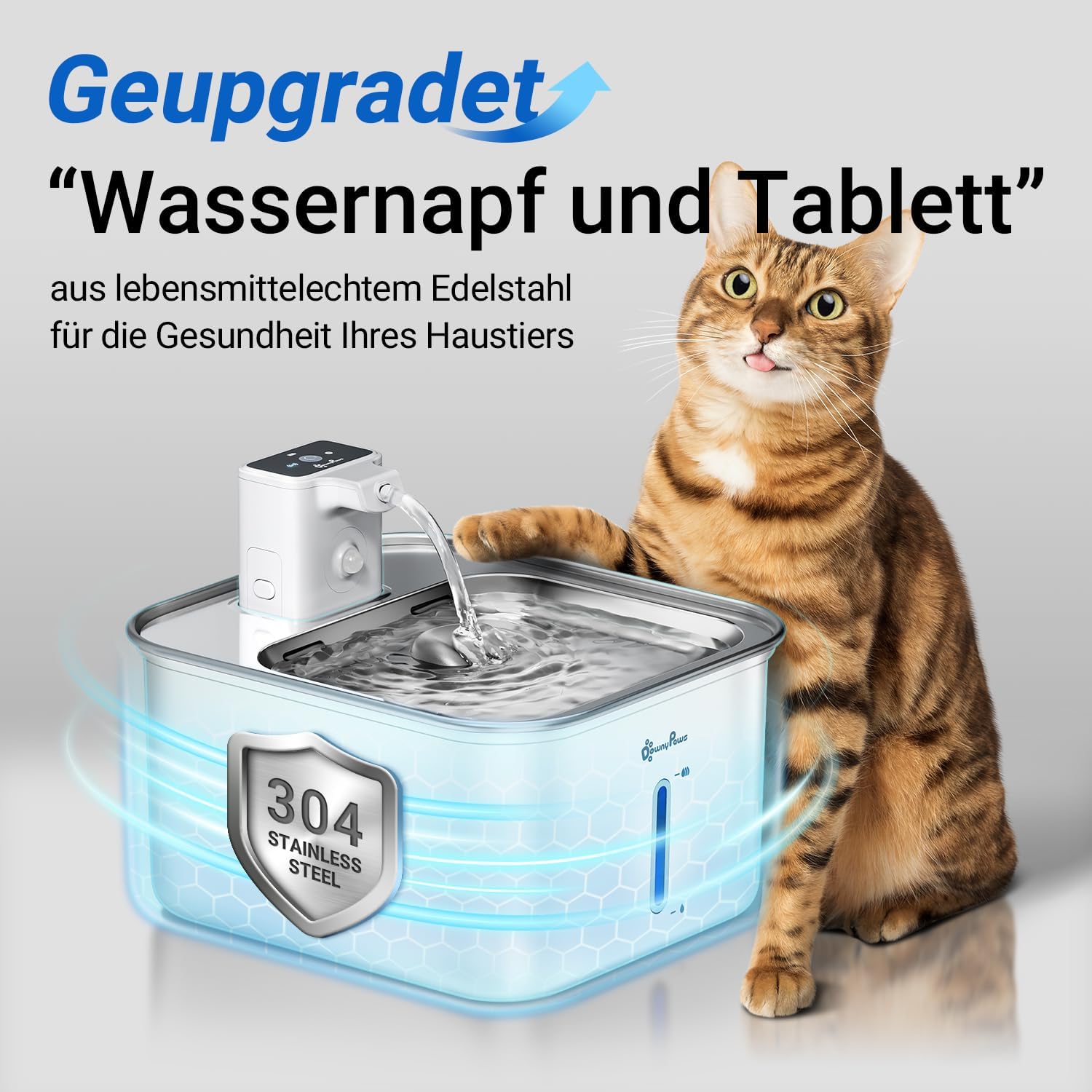 Detalle 2 de DownyPaws Katzenbrunnen Edelstahl kabellos mit Bewegungsmelder und Akku (Elfenbeinweiß)