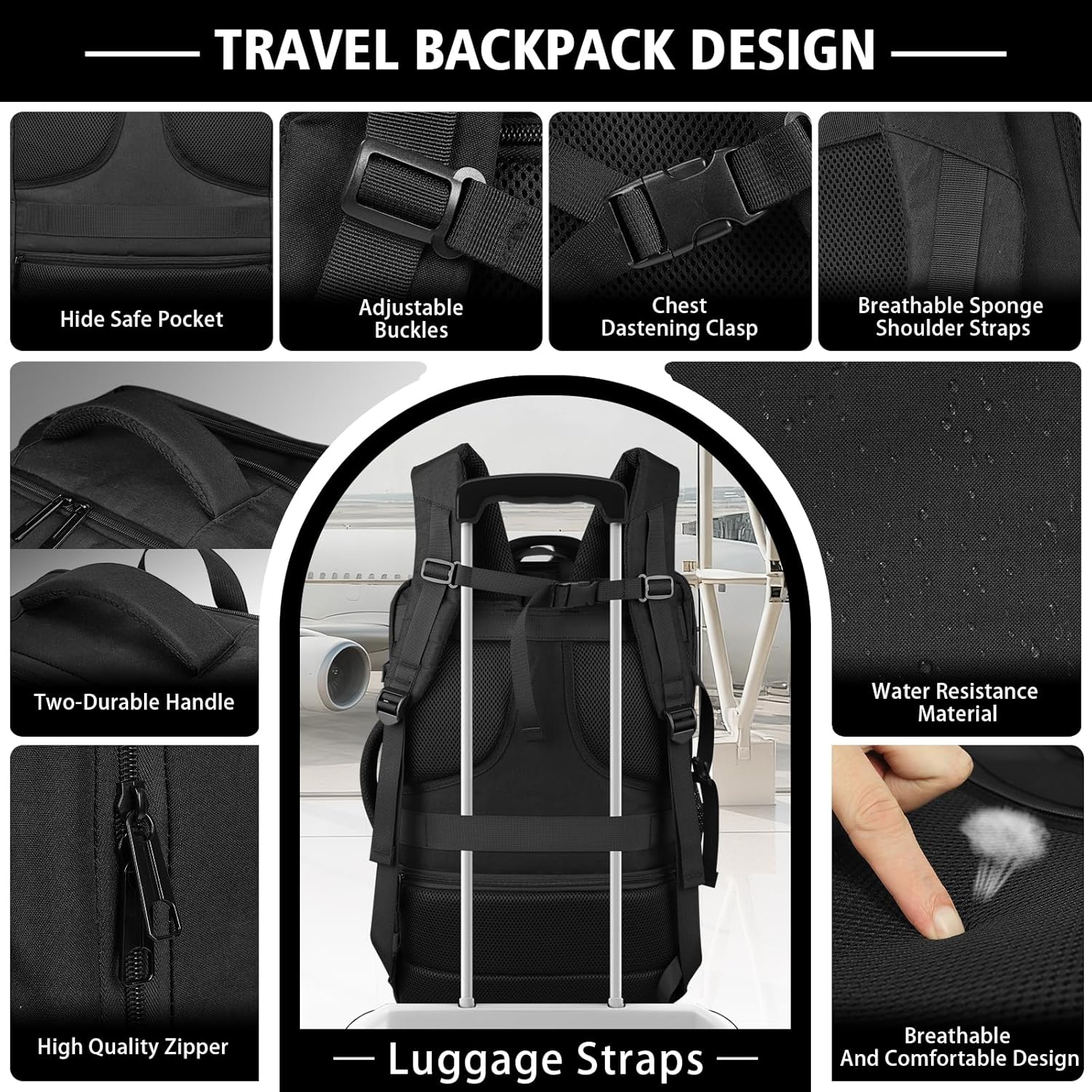 Thumbnail 5 de HULVION Roomy Carry On Backpack with Expandable Large Capacity, USB Cable Port & Lifetime Warranty (Fits 18.4" Laptop) – Black