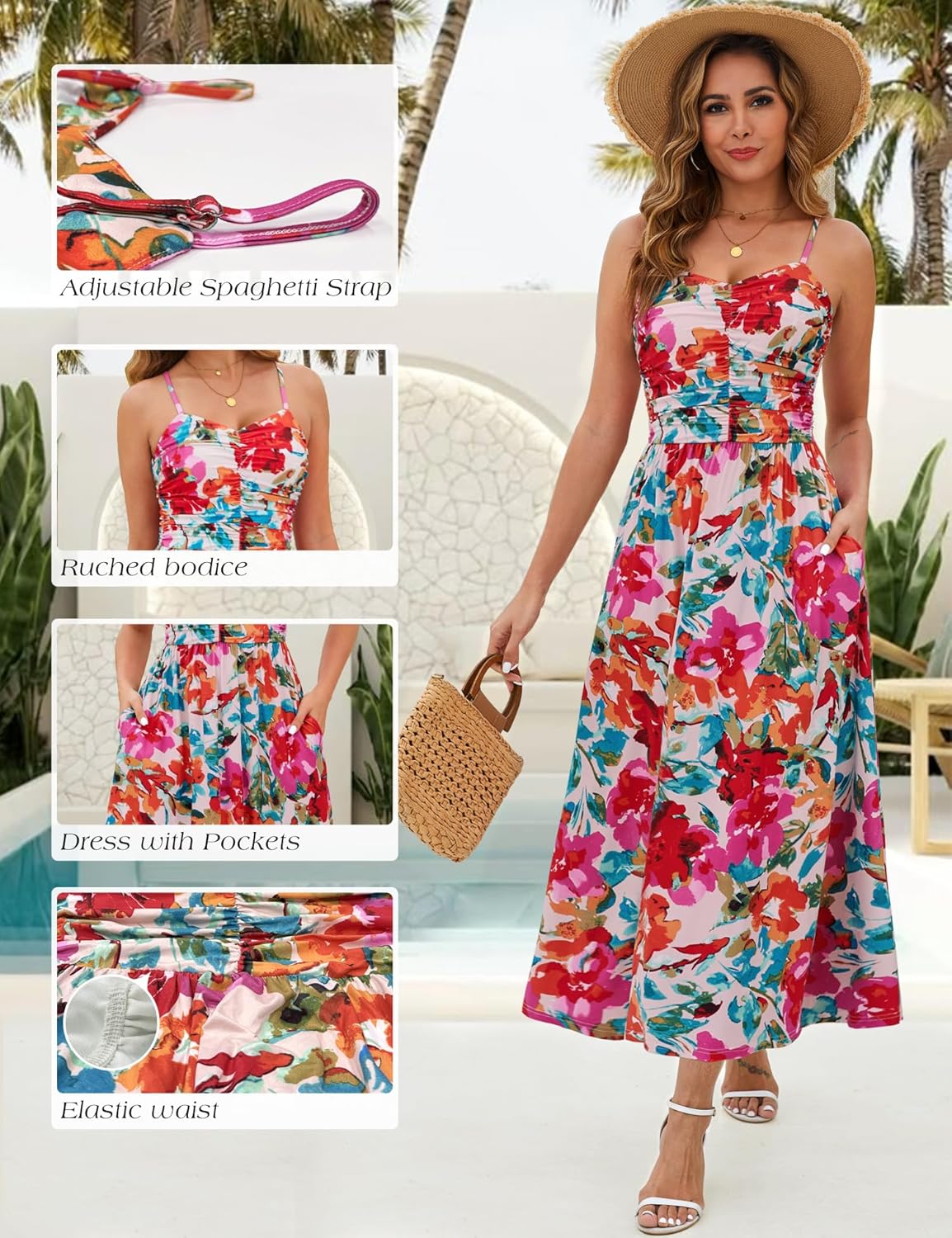 Thumbnail 3 de Annebouti Women 2026 Summer Ruched Maxi Dress with Pockets – Floral Sleeveless Beach Sundress