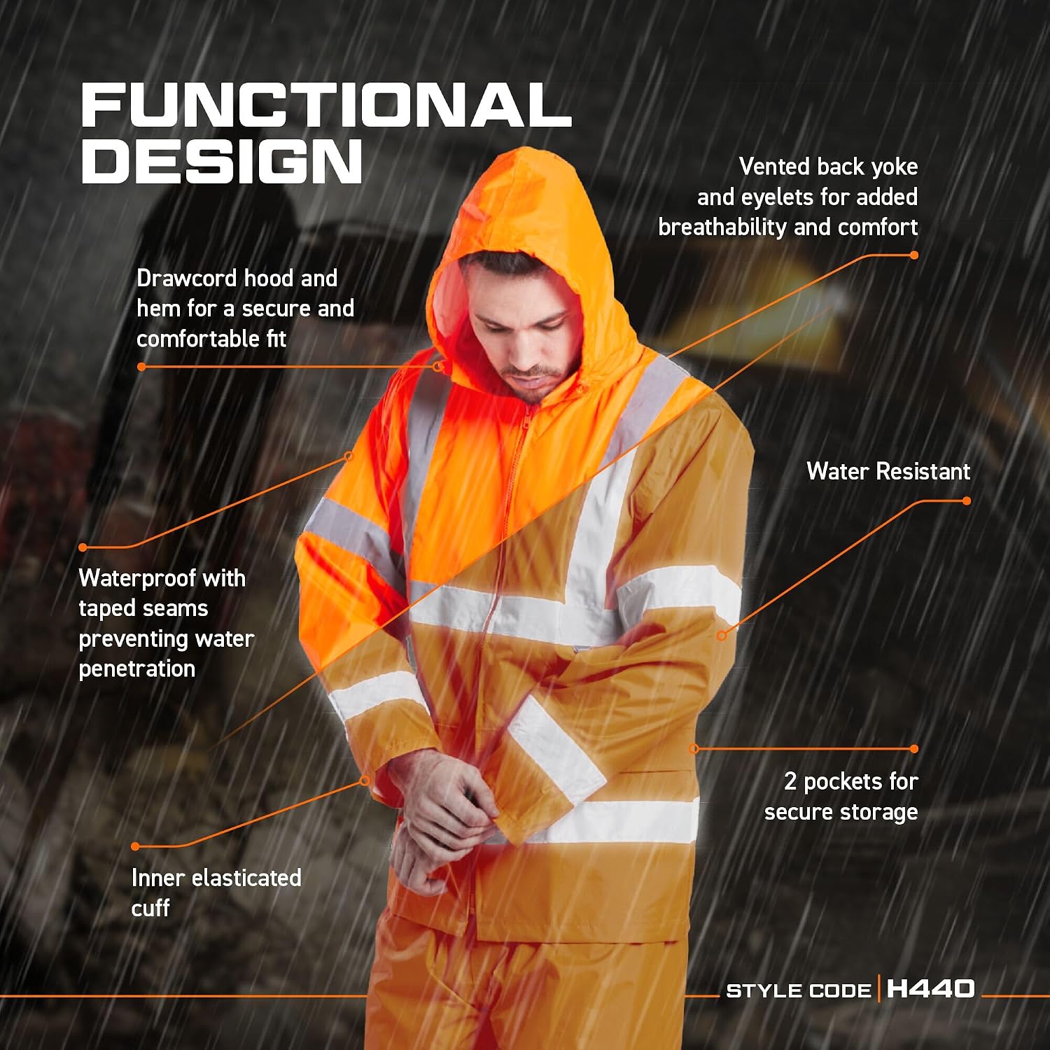 Detalle 2 de Portwest H440 Men's Lightweight Waterproof Hi-Vis Rain Jacket, Yellow, 5X-Large