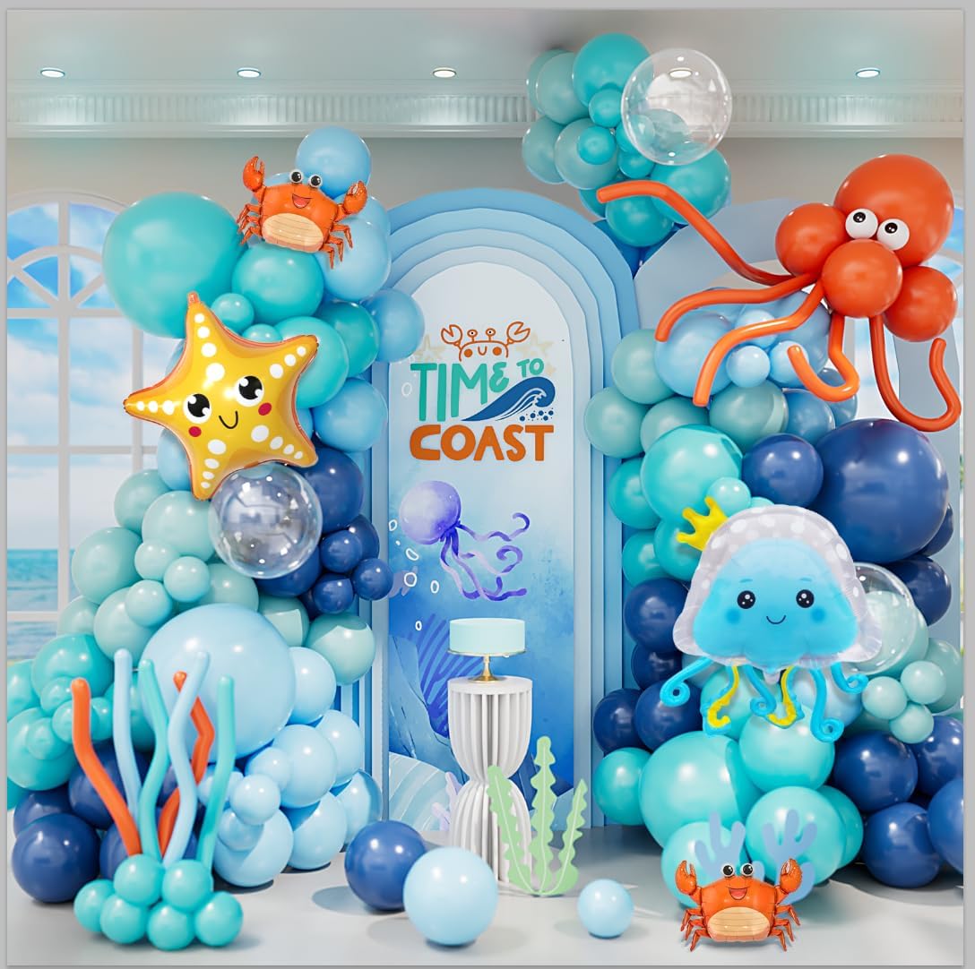 Detalle de 166Pcs Ocean Animals Blue Balloon Arch Kit – Light Blue to Teal and Orange Balloons for Under The Sea Party