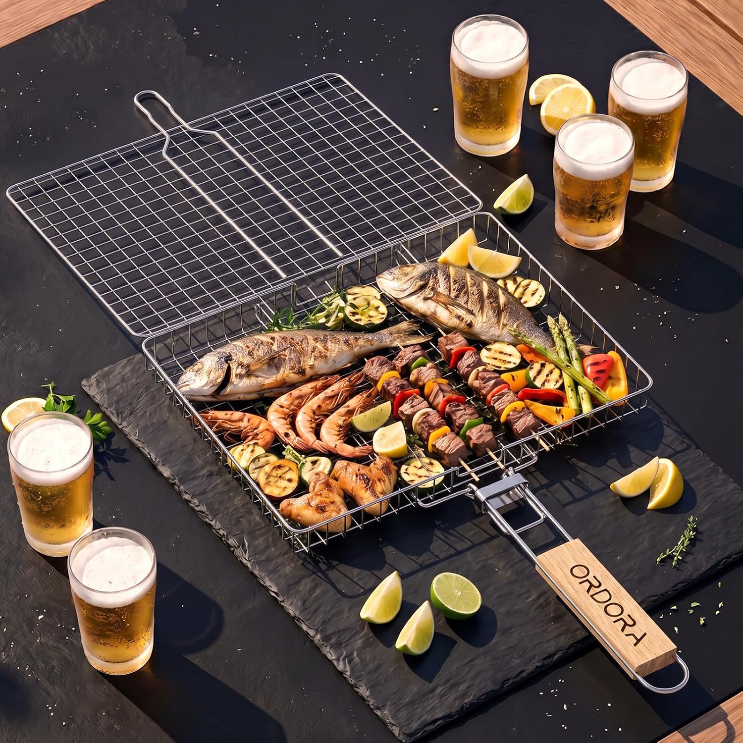 Detalle de ORDORA Deep Fish Grill Basket, Stainless Steel with Three Removable Dividers