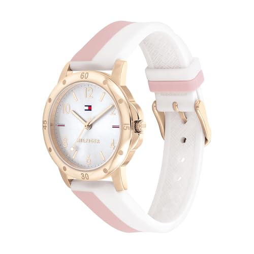 Detalle de Tommy Hilfiger Montre Fille avec Cadran Argenté, Bracelet Silicone Blanc et Rose, Boîtier Or Rose 32 mm
