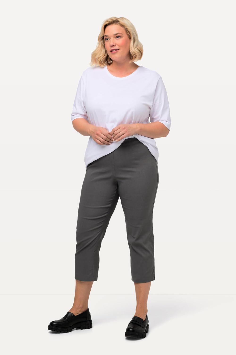 Detalle de Ulla Popken Bengalinhose für Damen in Übergrößen – wadenlang, Elastikbund, stretch (640914)