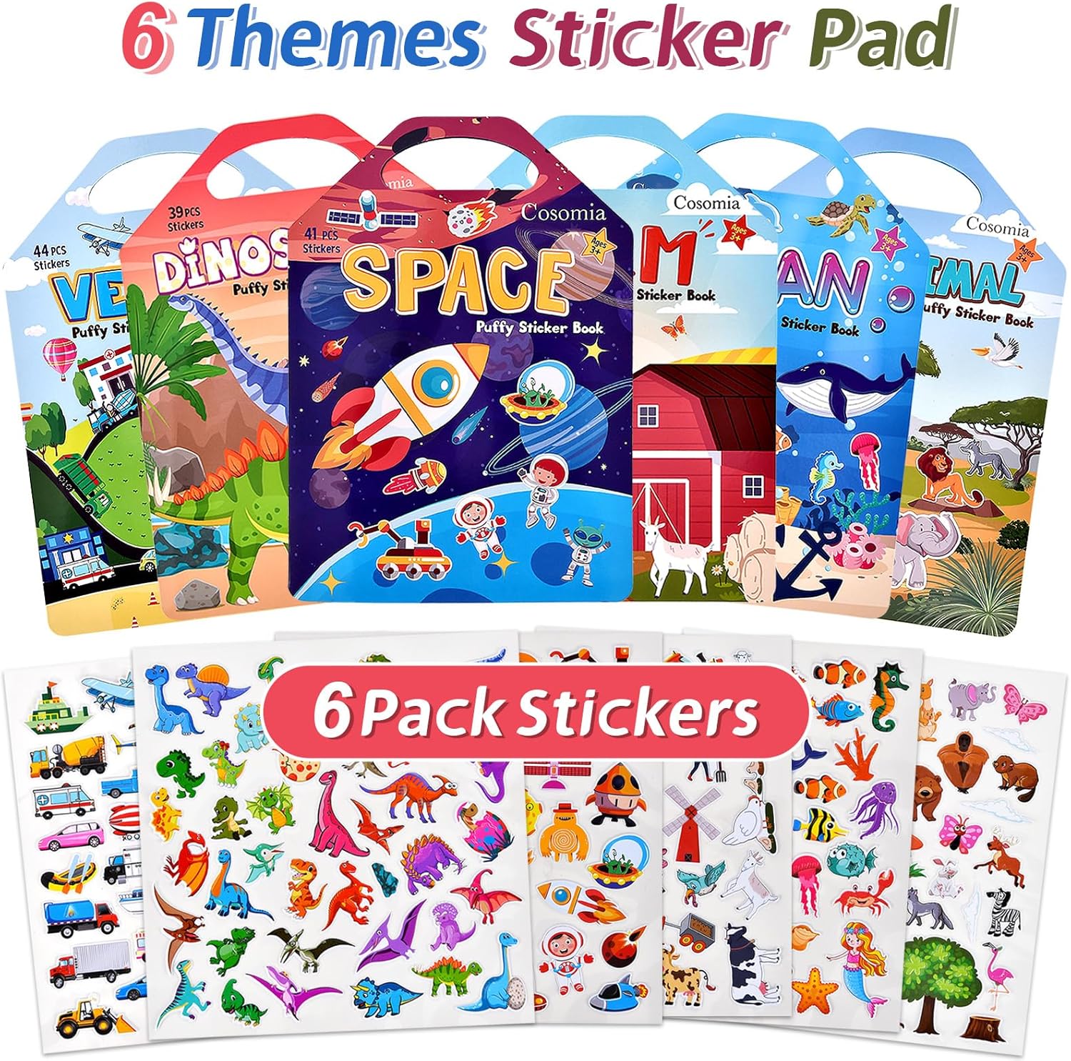 Thumbnail 1 de Cosomia 6 Set Puffy Sticker Books Activity for Kids (260pcs): 3D Reusable Sticker Books for Travel and Play