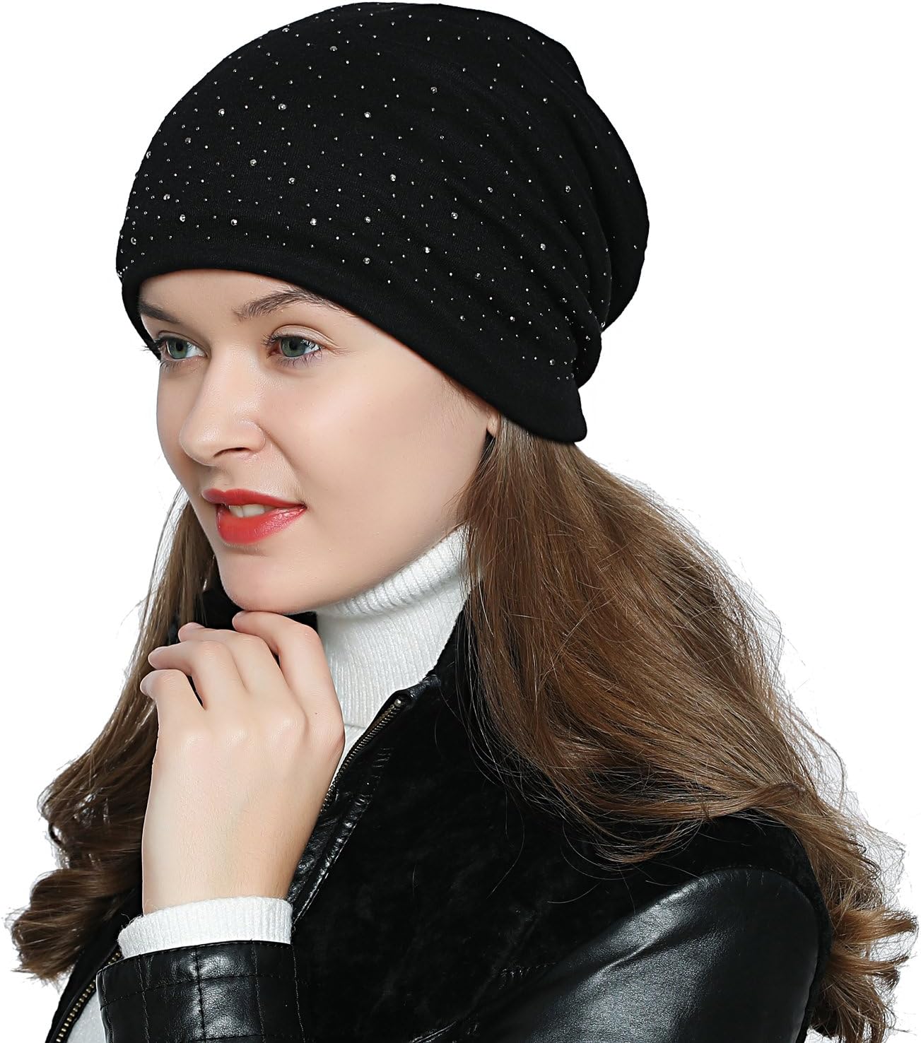 Detalle de DonDon Bonnet d'hiver Femme Slouch Beanie Souple avec Strass, Doublure Moelleuse et Chaude