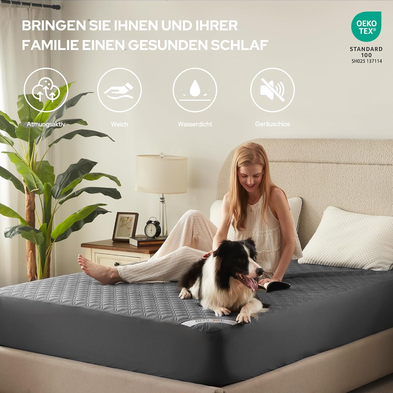 Detalle 2 de BEDLORE Matratzenschoner 135 x 190 cm – wasserdichte, geräuscharme Matratzenauflage mit 360° Tasche (Grau)