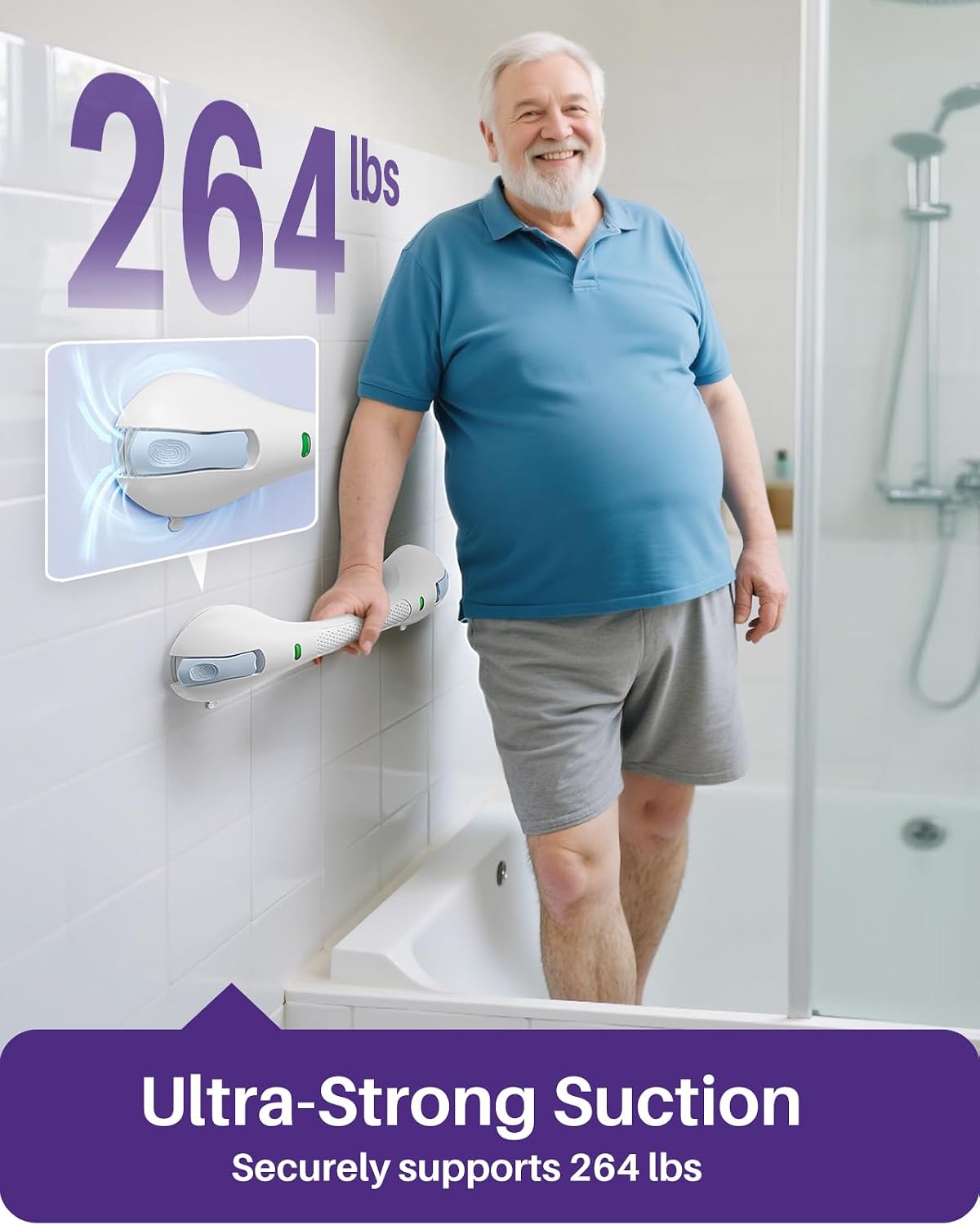Detalle de KEKOY 17.5 Inch Suction Grab Rails (2 Pack) – No Drilling, Heavy-Duty Bath Aids for Disabled & Elderly