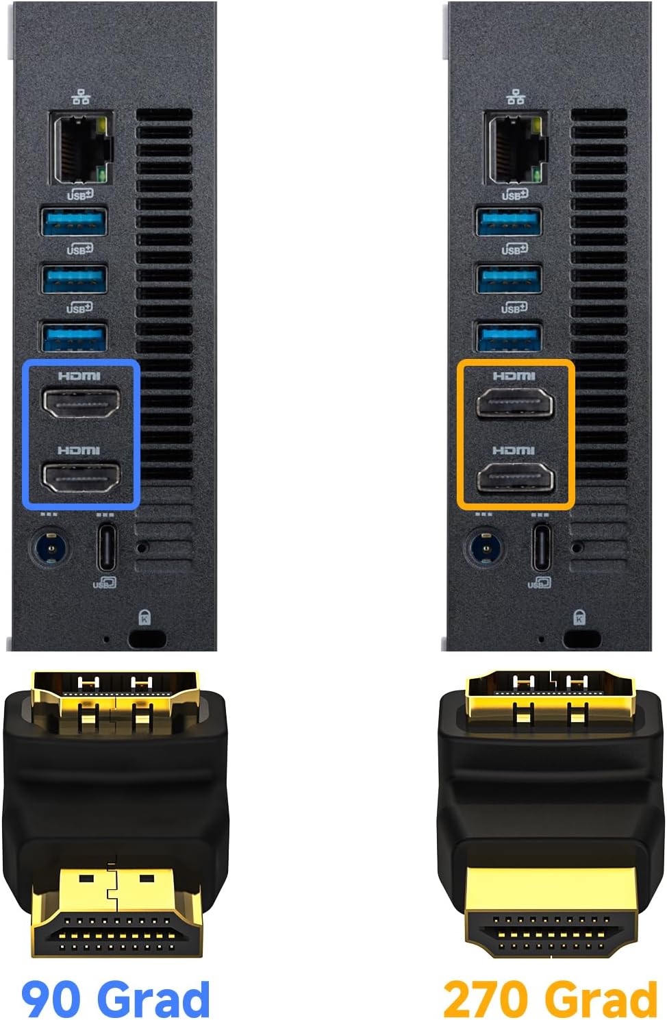 Detalle de VCE HDMI Winkelstecker 4K – 2er-Set: 90° & 270° HDMI Winkeladapter mit vergoldeten Kontakten