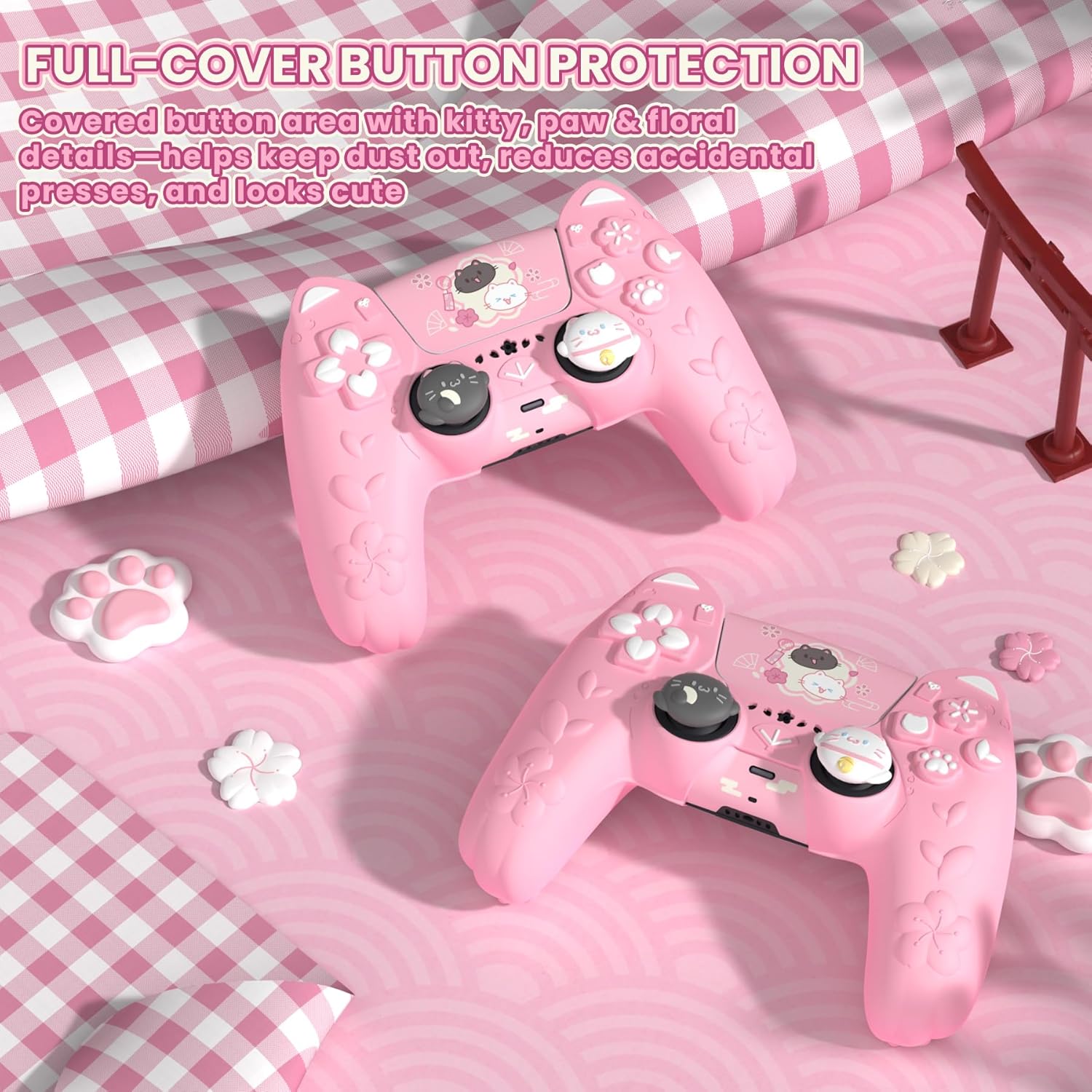 Detalle de PlayVital Cherry Blossoms Cat Skin for PS5 Controller – Anti-slip Silicone Case with Cat Ears, Thumb Grips & Stickers