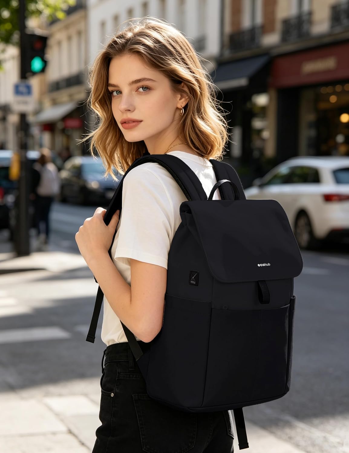 Detalle de ECOHUB Rucksack Damen 16 Zoll Laptop – City-Ansatz mit Diebstahlschutz, 8 Fächer und Trolley-Schlitz