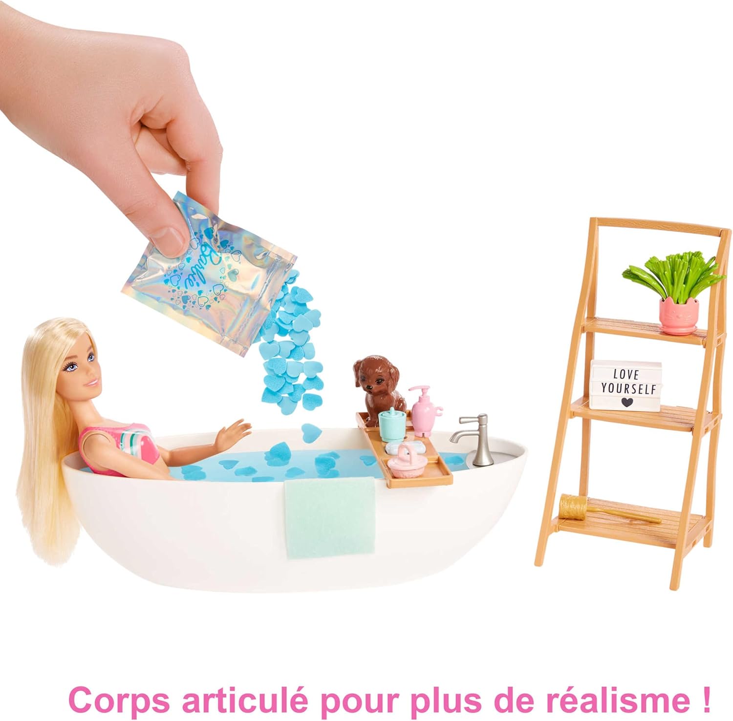 Thumbnail 3 de Barbie Coffret Bain Relaxant avec poupée Blonde – Baignoire, Chiot et Accessoires