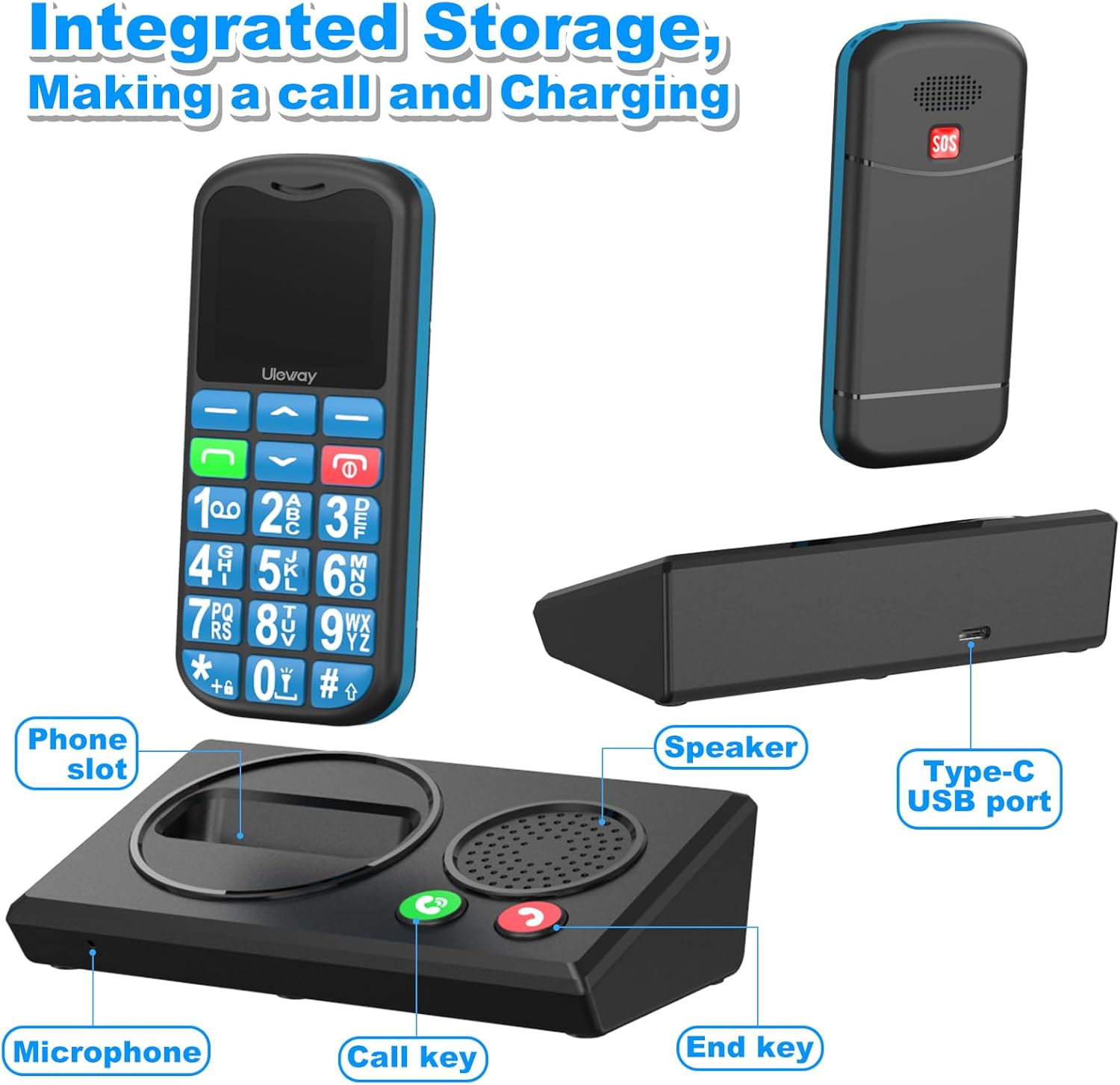 Detalle de uleway 4G Senior Mobile Phone Unlocked with Bluetooth Charging Dock — Big Button Simple Phone for Elderly (Blue)